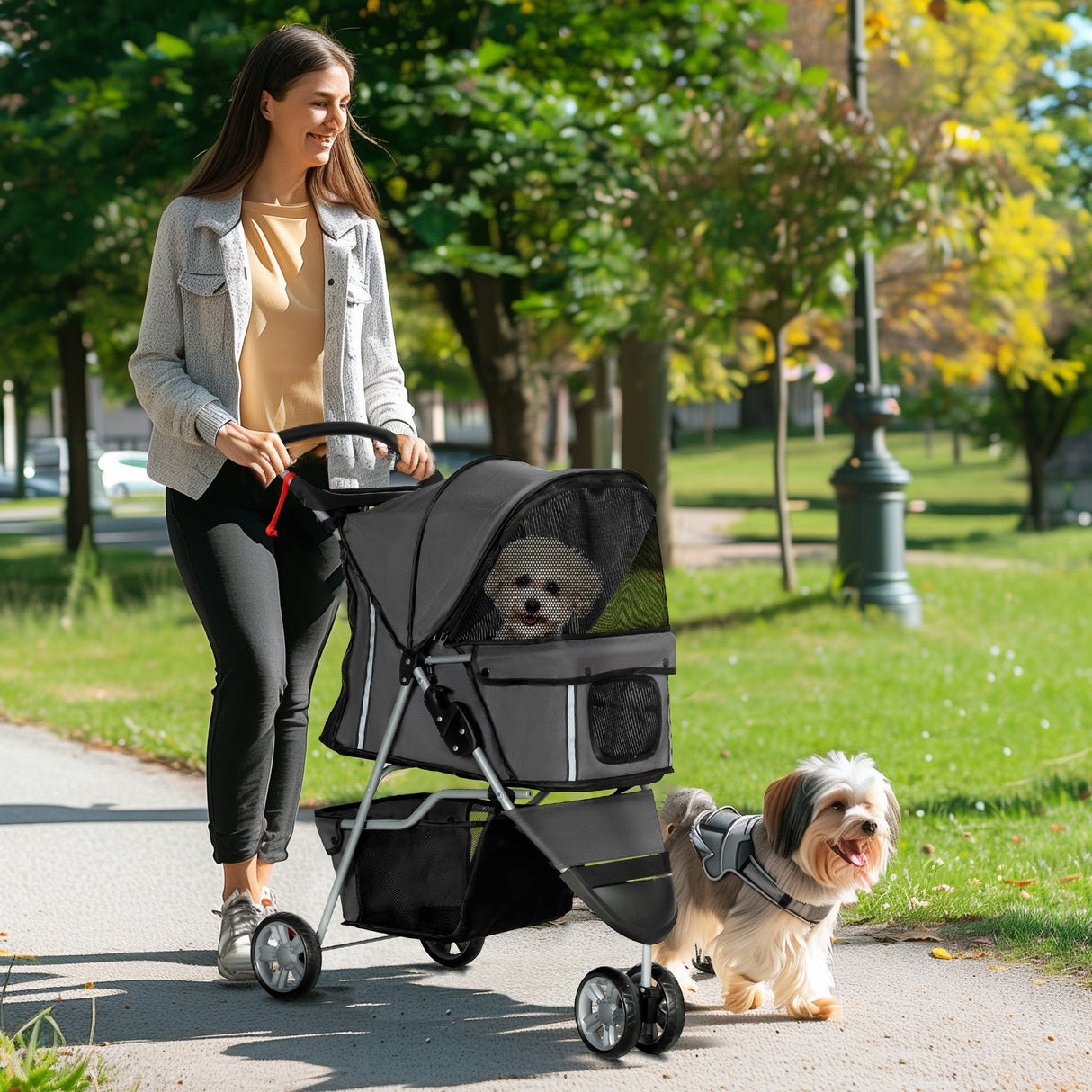 easycomfort easycomfort passeggino per cani pieghevole con portabicchieri e cestino in acciaio e poliestere 75x45x97 cm grigio carbone
