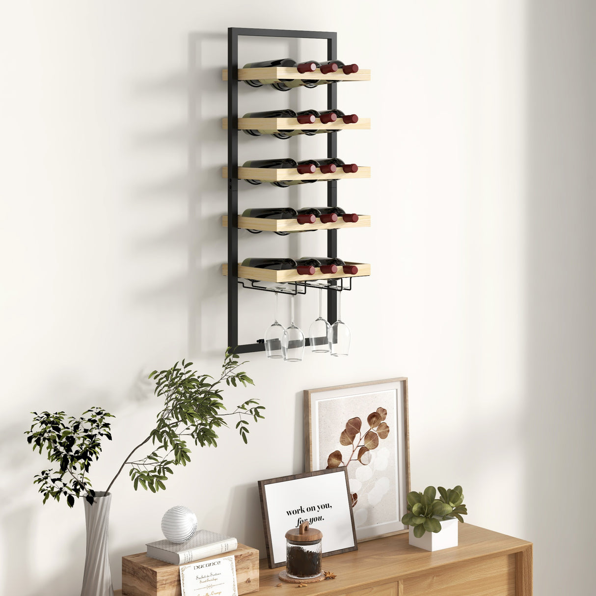 easycomfort easycomfort portabottiglie da parete in legno e acciaio per 15 bottiglie di vino e 4 calici 35x25x86cm