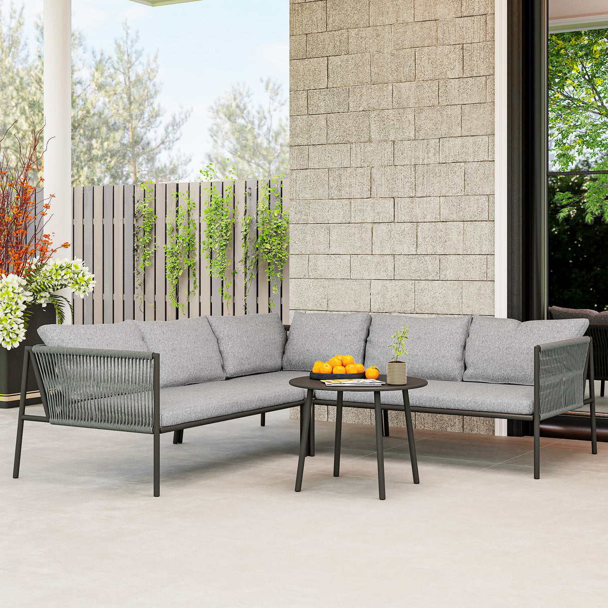 easycomfort easycomfort salotto da giardino in rattan con divano angolare modulabile tavolino da caffe e cuscini grigio