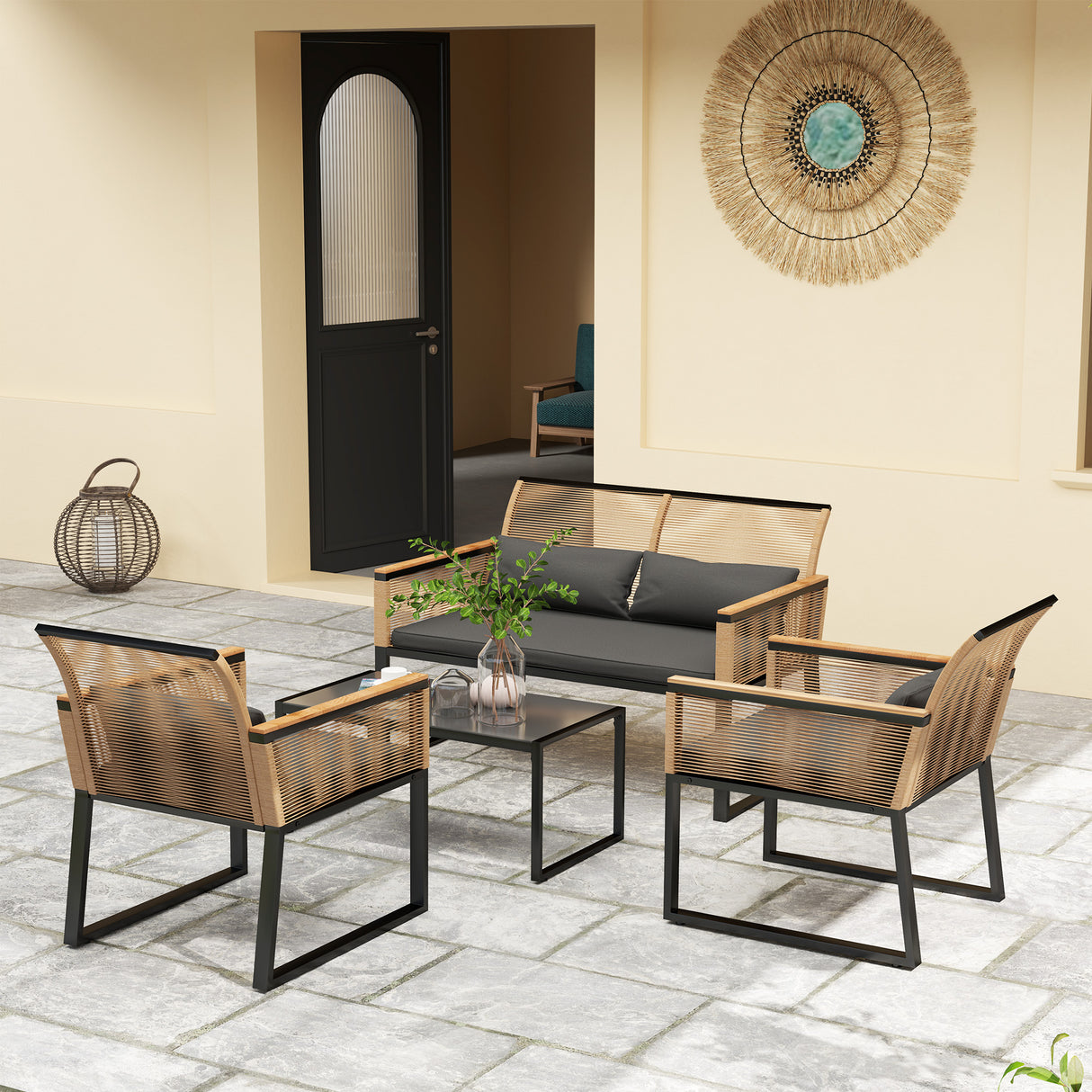 easycomfort easycomfort salotto da giardino in rattan pe con divano 2 posti 2 poltrone tavolino in vetro e cuscini nero