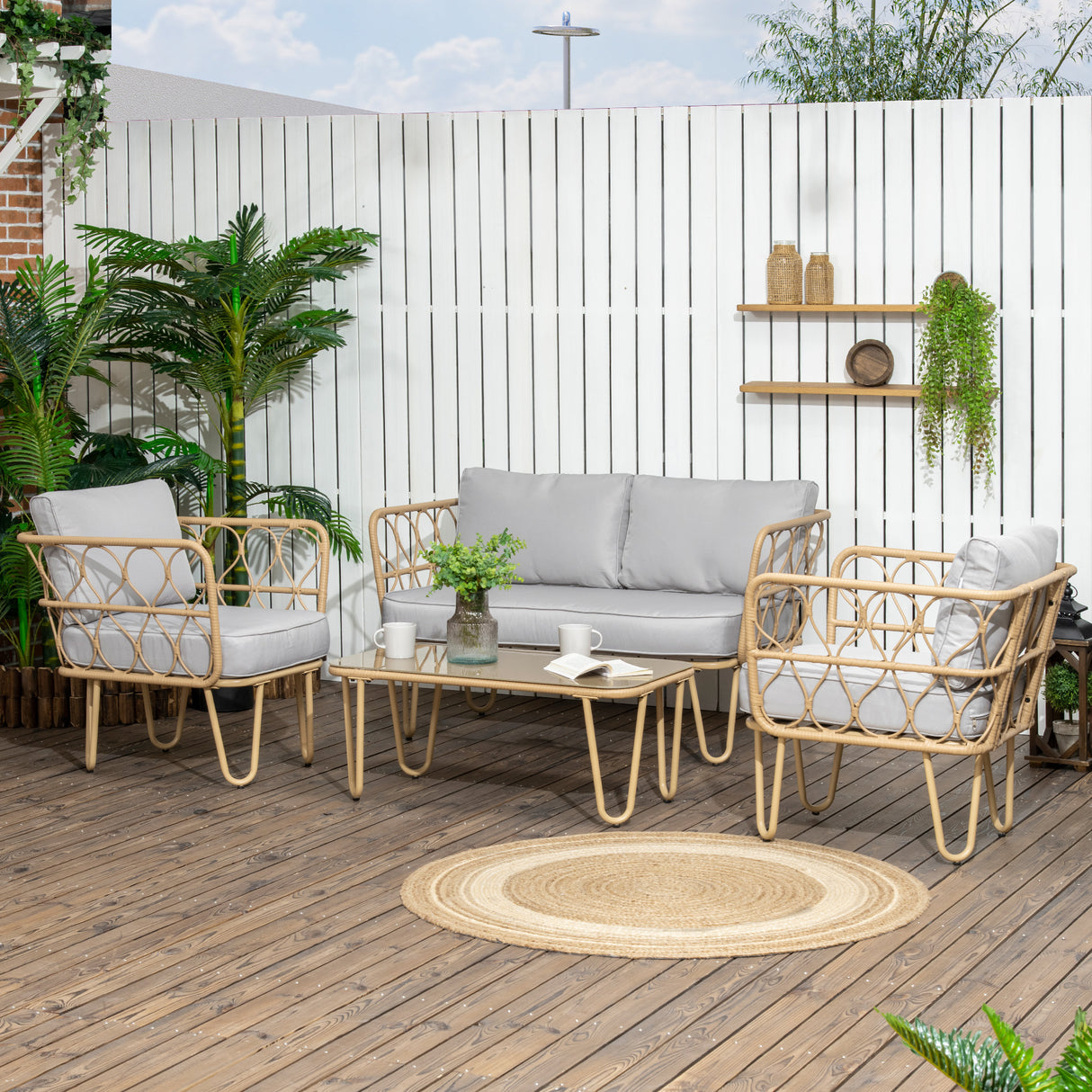 easycomfort easycomfort salotto da giardino in rattan stile boho con divano 2 posti 2 poltrone e tavolino con vetro
