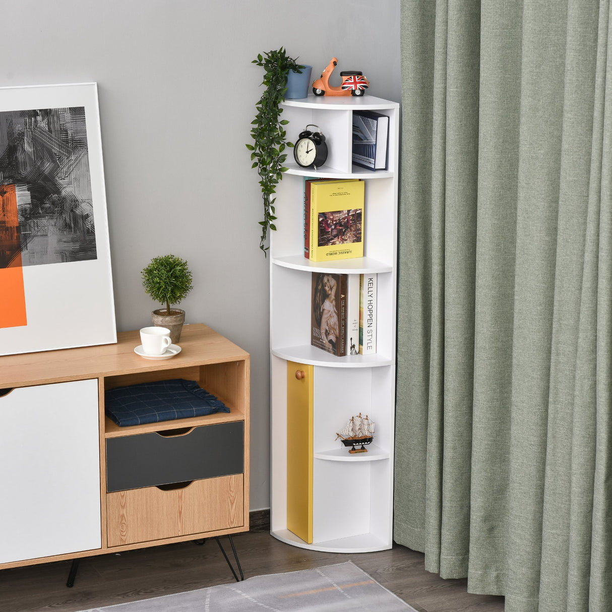 easycomfort easycomfort scaffale angolare da parete in legno bianco mobile libreria con 5 ripiani e armadietto giallo design moderno 29 8x29 9x147cm ean 8054144132952