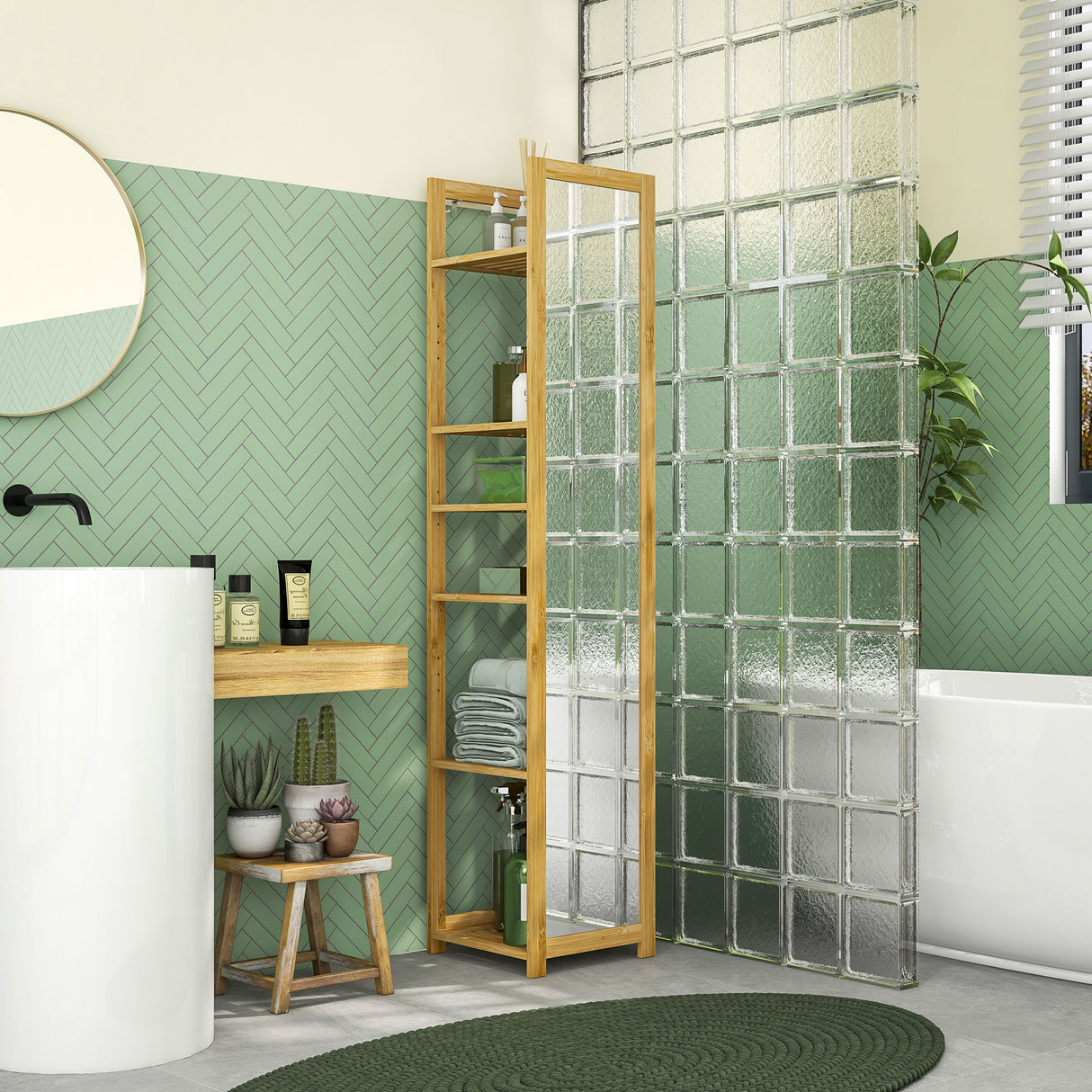 easycomfort easycomfort scaffale da bagno con specchio e 6 ripiani a doghe in bambu 35x35x168cm colore legno