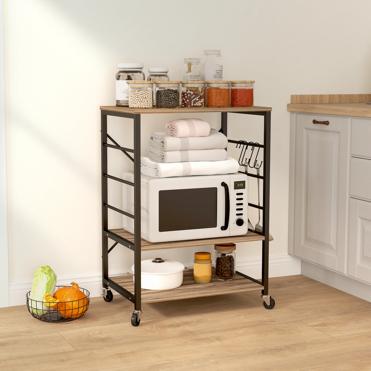 easycomfort easycomfort scaffale da cucina a 3 livelli stile industriale con ruote e 4 ganci struttura in acciaio 60x40x84 cm teak