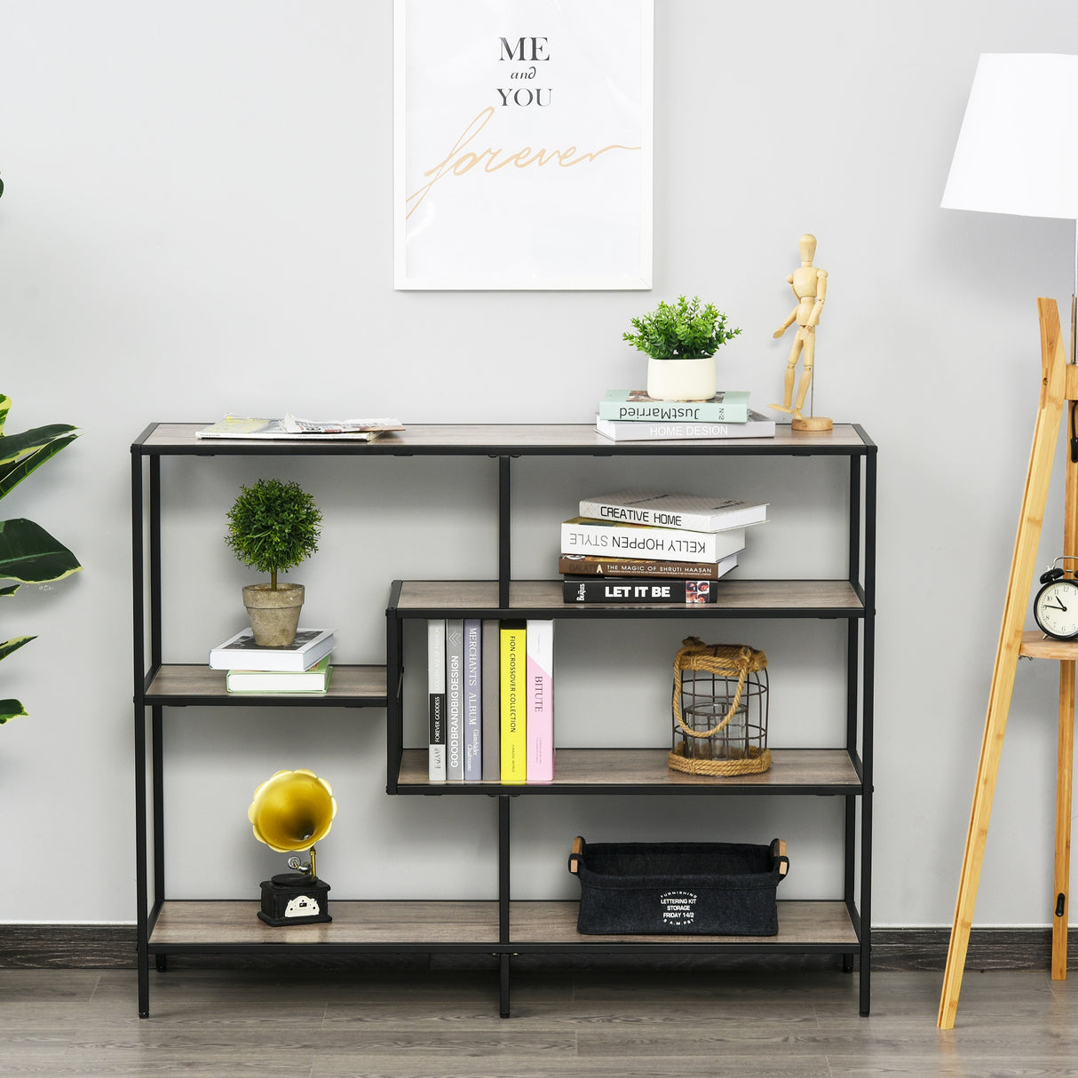 easycomfort easycomfort scaffale libreria asimmetrica in stile industriale in legno e metallo nero 120x32x95cm ean 8054144130903