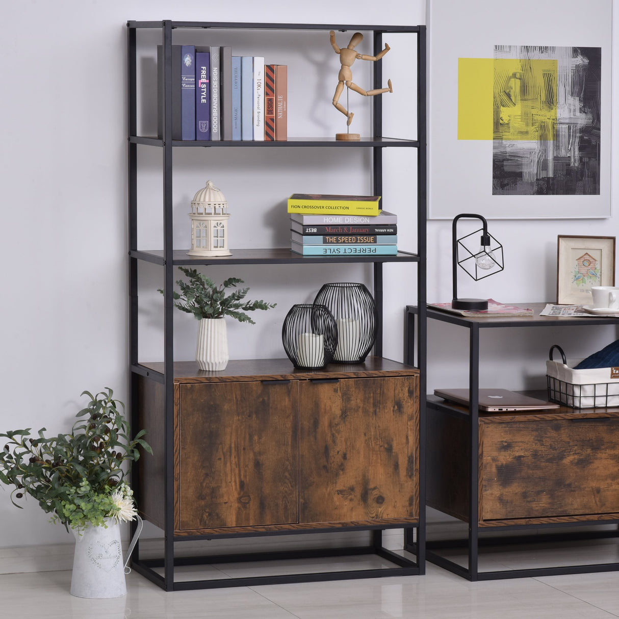 easycomfort easycomfort scaffale libreria in stile vintage con 3 ripiani 1 armadietto in legno e telaio in metallo nero 76x33x162 5cm ean 8054144136066