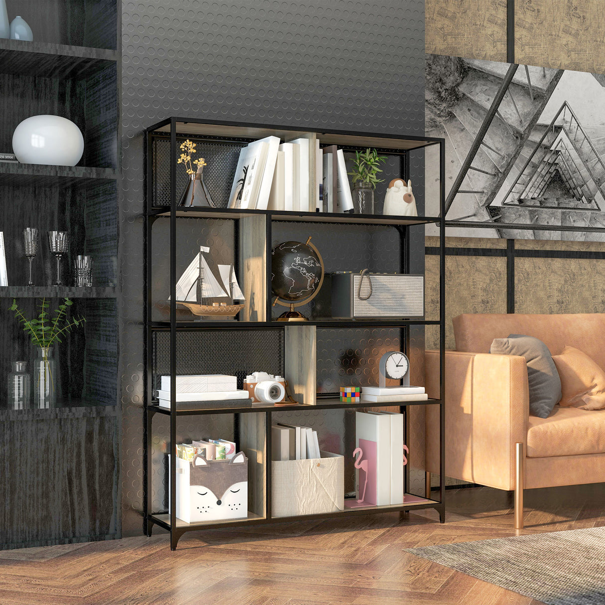 easycomfort easycomfort scaffale libreria industriale a 5 livelli con porta metallica in legno e acciaio 120x30x161 cm nero e grigio