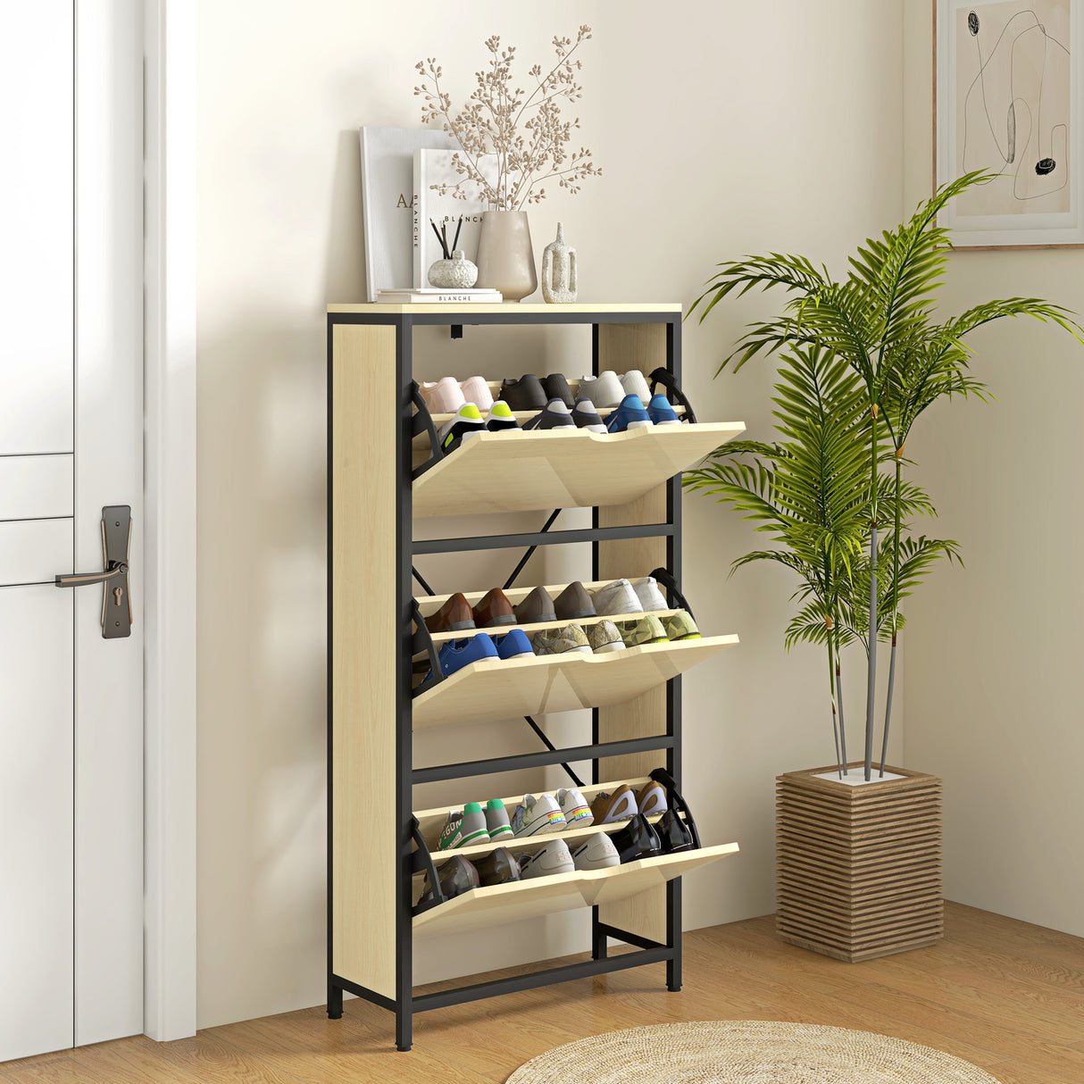 easycomfort easycomfort scarpiera slim con 3 cassetti e ripiani regolabili per 18 paia di scarpe 60x24x124cm rovere