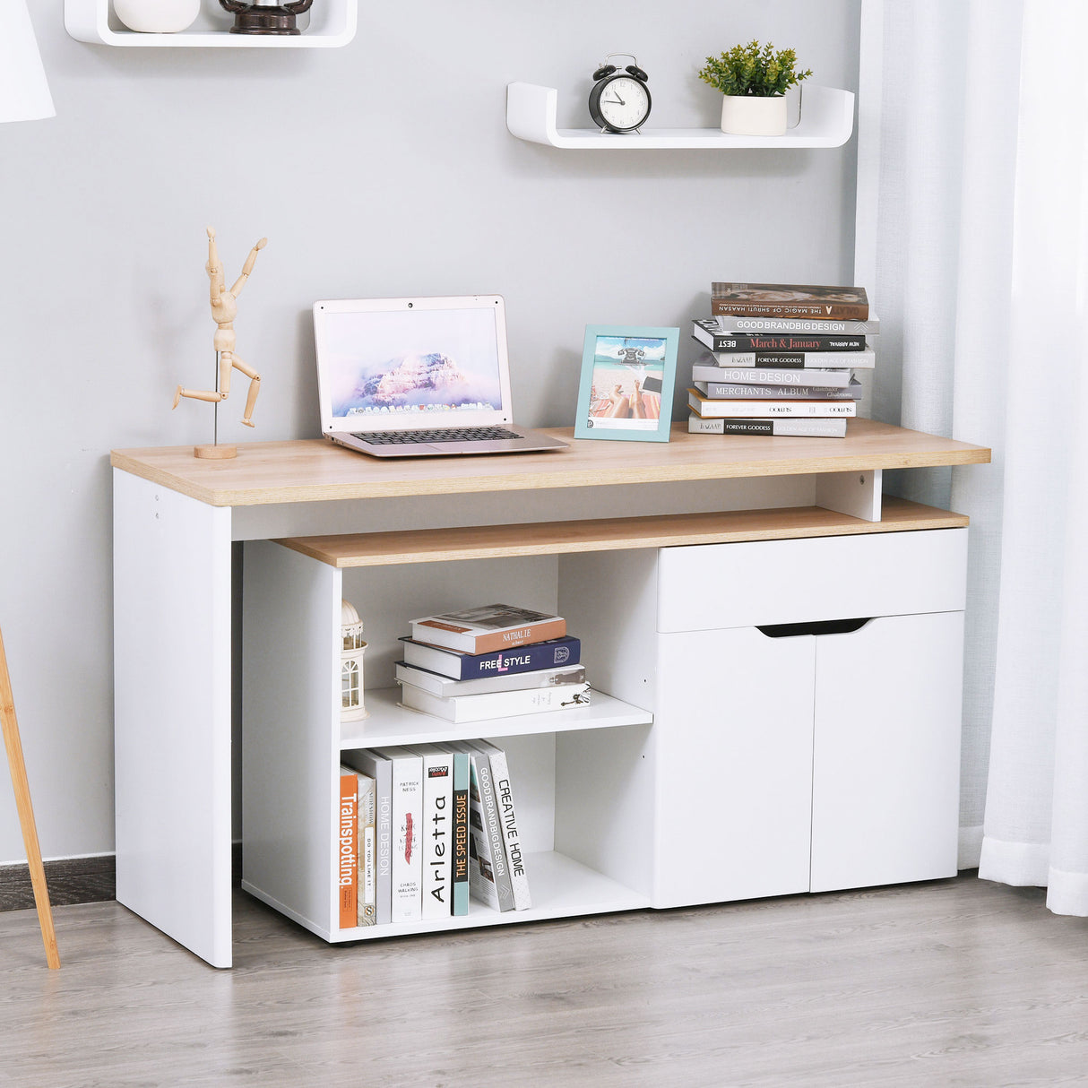 easycomfort easycomfort scrivania angolare con libreria a 2 ripiani armadietto e cassetto 140x117x76 cm color legno e bianco