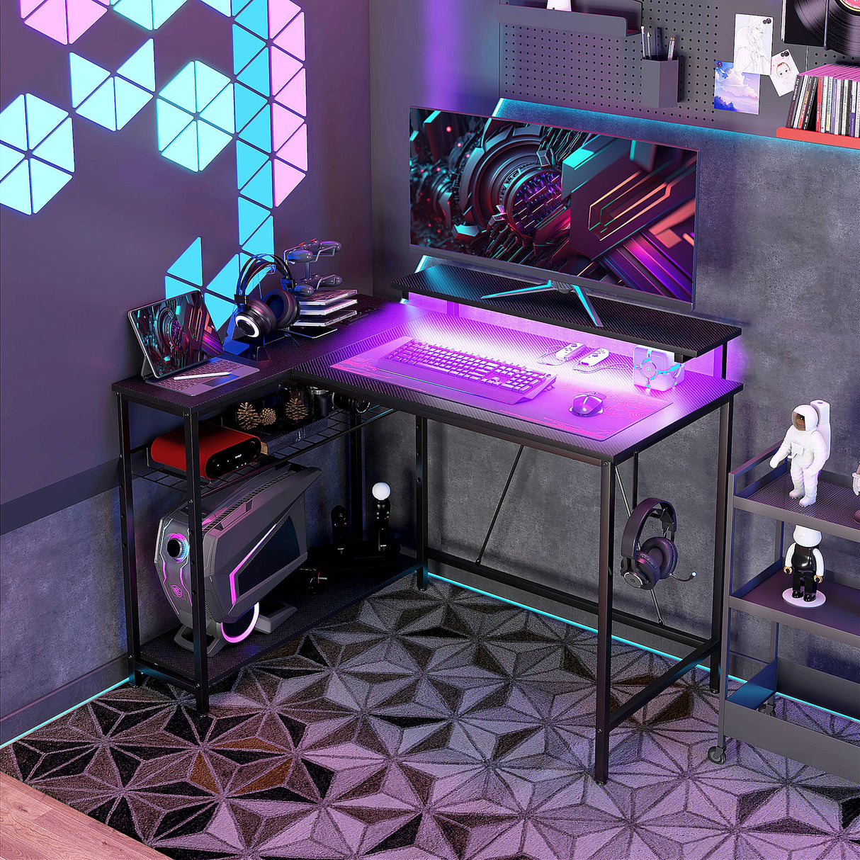 easycomfort easycomfort scrivania angolare reversibile con led prese di corrente e prese usb ripiani e supporto monitor nero