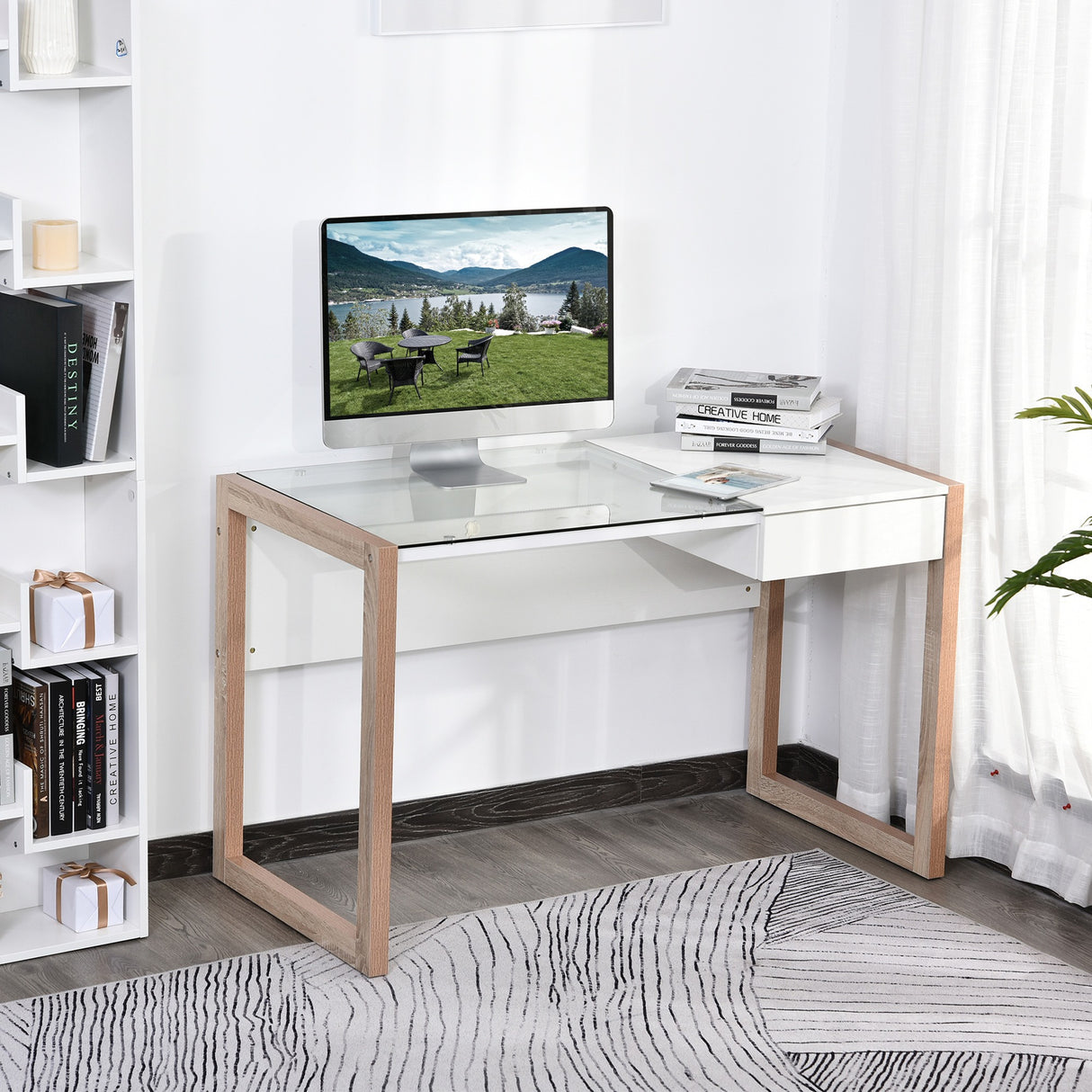 easycomfort easycomfort scrivania moderna di design in legno e vetro temperato con cassetto bianca e color legno per ufficio 120x60x75cm ean 8054144130002