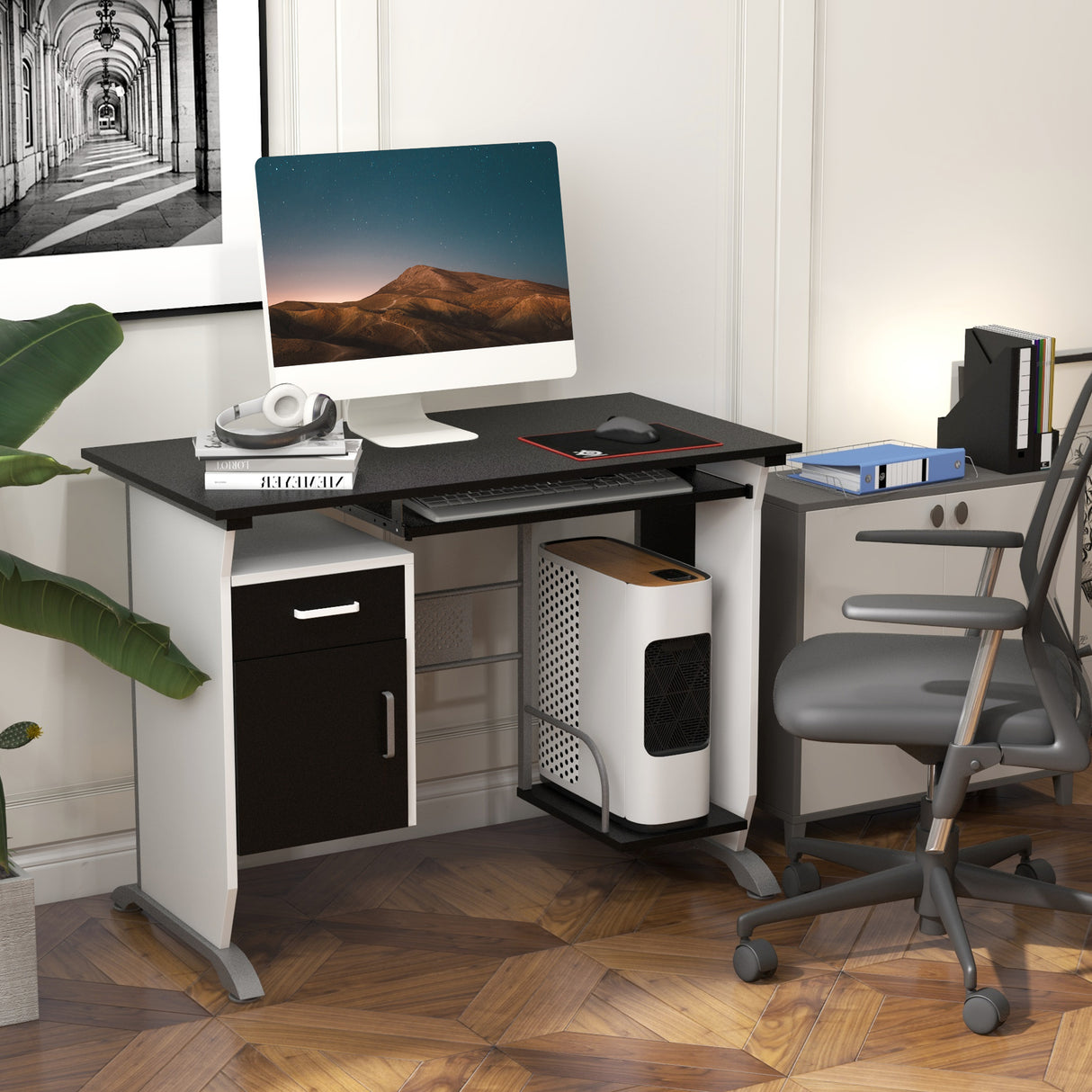 easycomfort easycomfort scrivania per computer con ripiano cassetto e armadietto in mdf e ferro 100x52x75 cm bianca e nera