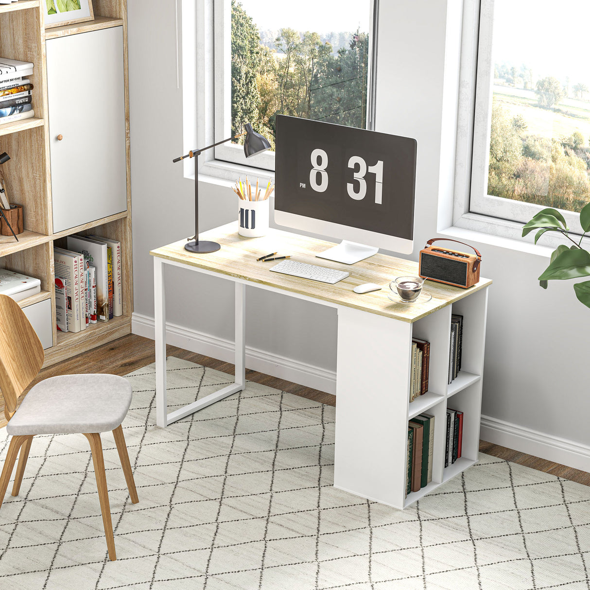 easycomfort easycomfort scrivania per computer salvaspazio con 4 ripiani aperti in legno e acciaio 120x54x75 cm bianco e rovere