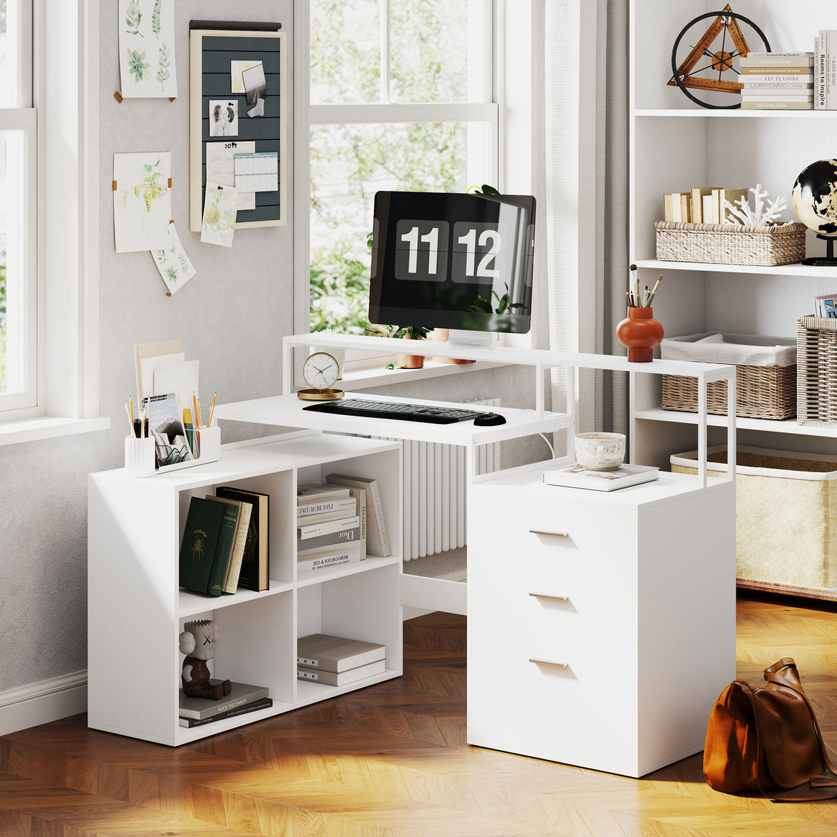 easycomfort easycomfort scrivania ufficio con 2 tavoli 4 ripiani 3 cassetti e supporto per monitor in legno 138 5x90x92 cm bianco