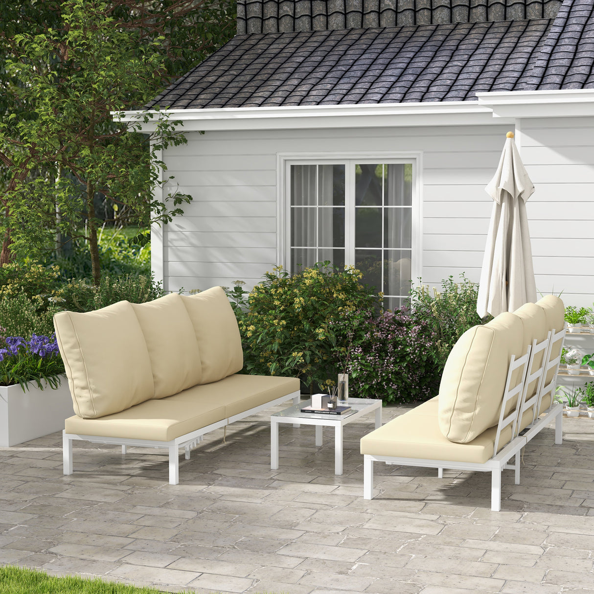 easycomfort easycomfort set 2 lettini prendisole con schienale regolabile e tavolino da giardino in vetro beige