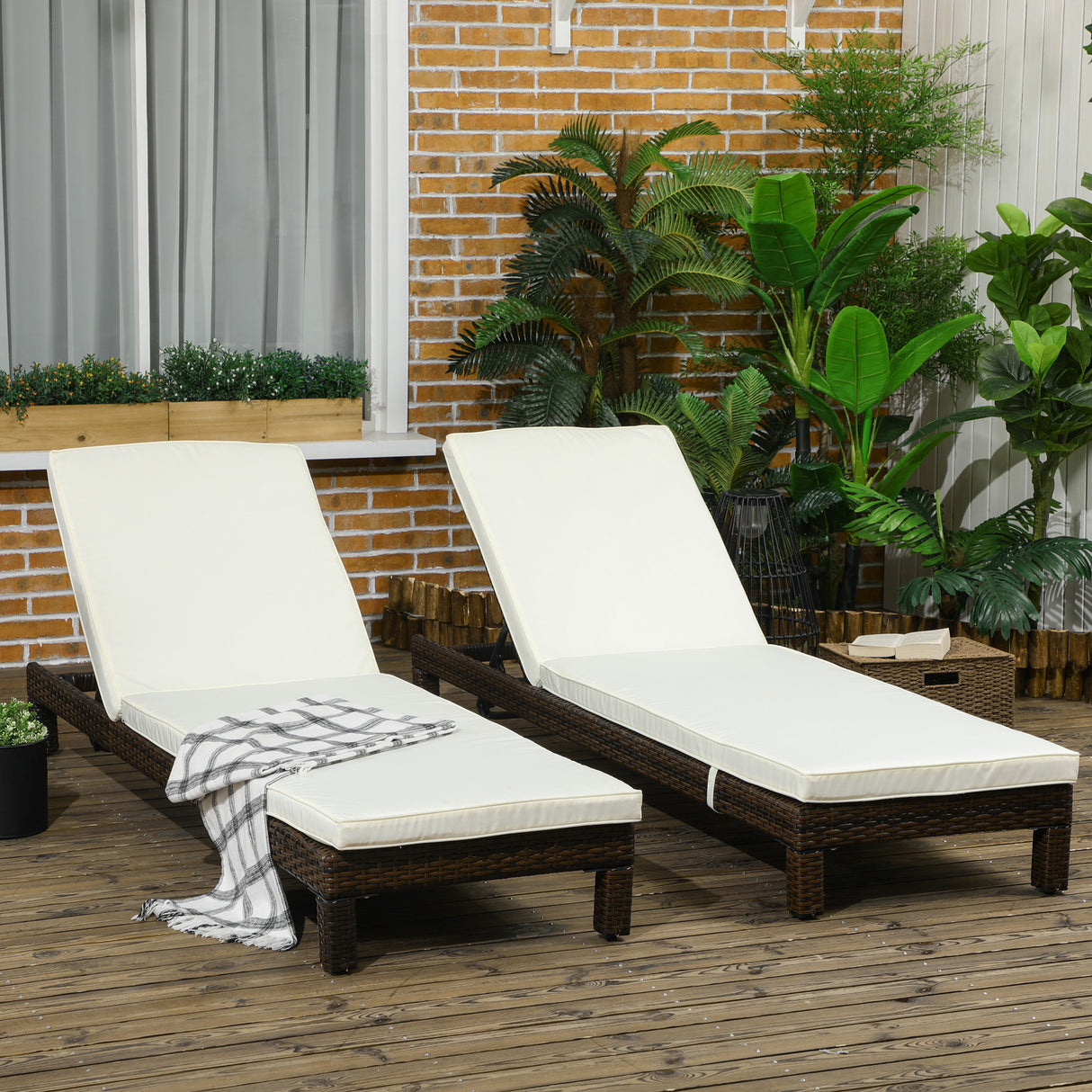 easycomfort easycomfort set 2 lettini prendisole in rattan pe con cuscino e schienale 5 reclinazioni 196x60x22cm