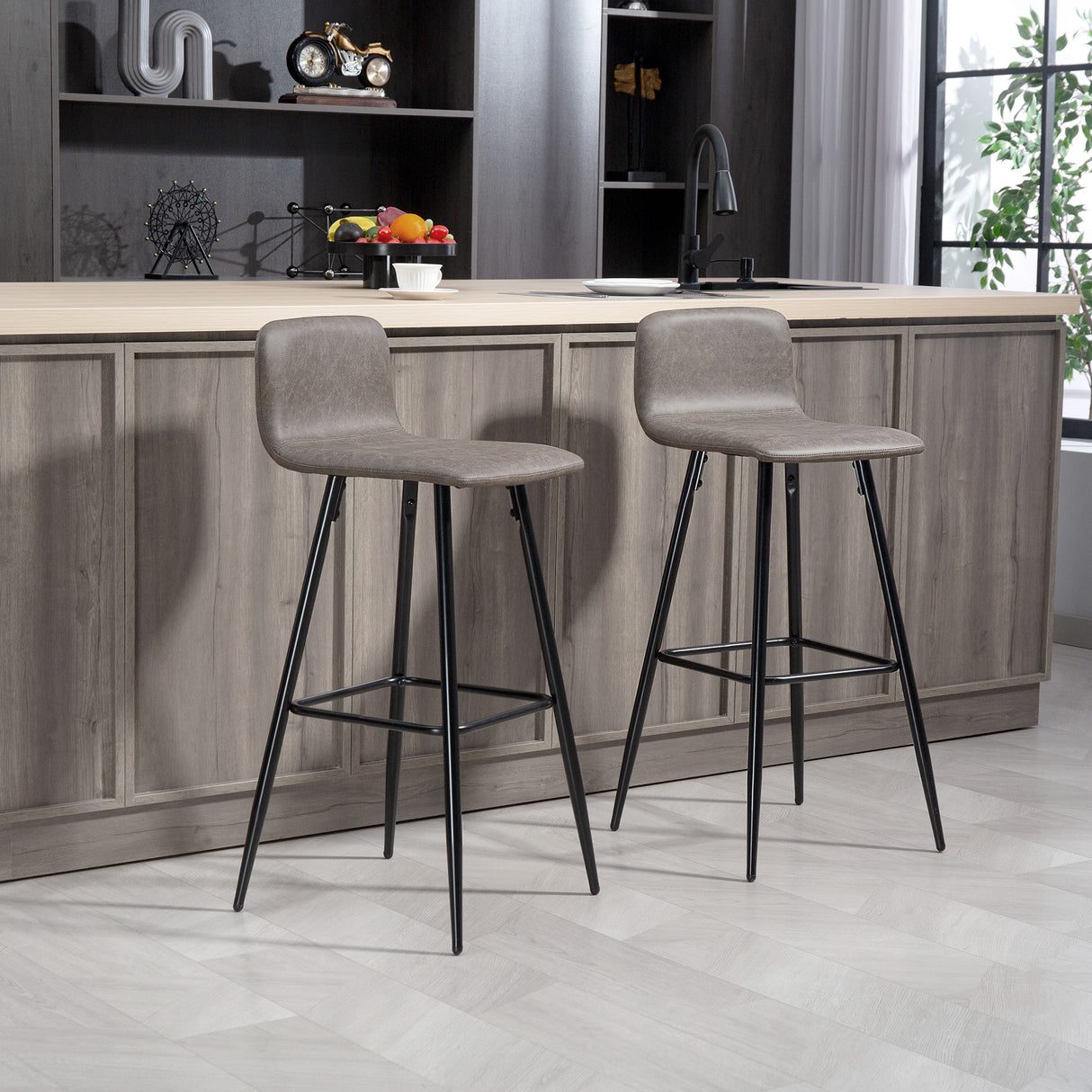 easycomfort easycomfort set 2 sgabelli bar con schienale basso e poggiapiedi rivestimento in pu e gambe in acciaio marrone scuro