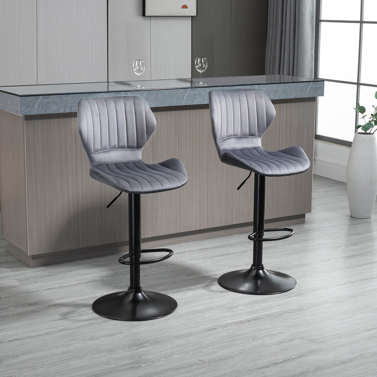 easycomfort easycomfort set 2 sgabelli da bar ad altezza regolabile con seduta ergonomica e poggiapiedi sgabelli alti in effetto velluto e metallo 47x51 5x92 114 cm grigio