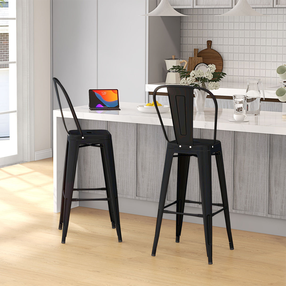 easycomfort easycomfort set 2 sgabelli da bar industriale con schienale rimovibile e poggiapiedi in metallo 44x49x116 cm nero