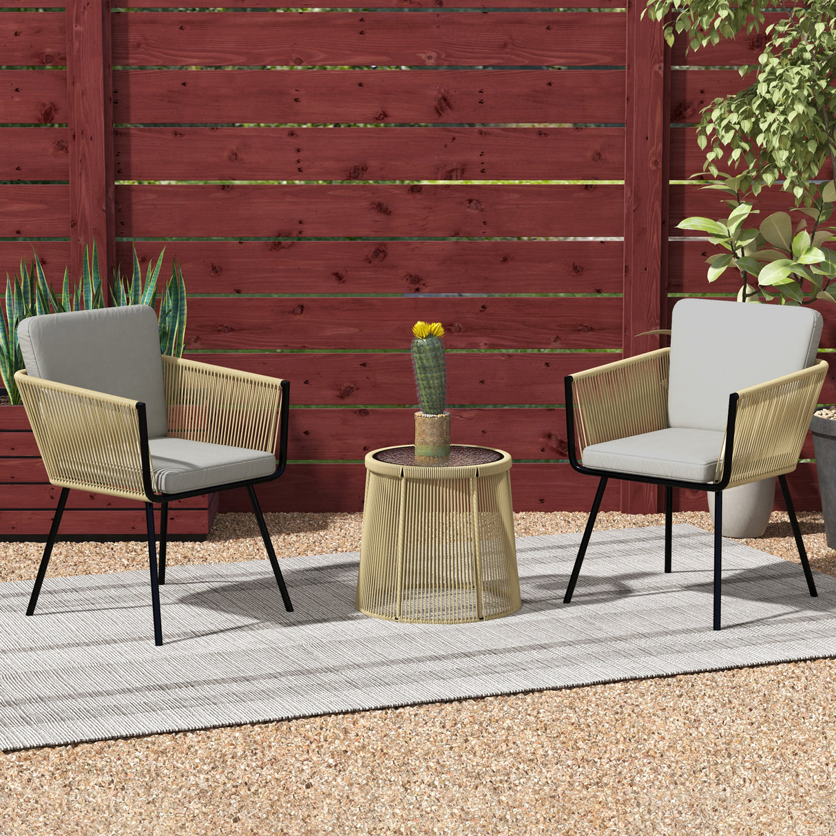easycomfort easycomfort set da esterno con tavolino in vetro e 2 sedie da giardino in rattan stile boho caffe