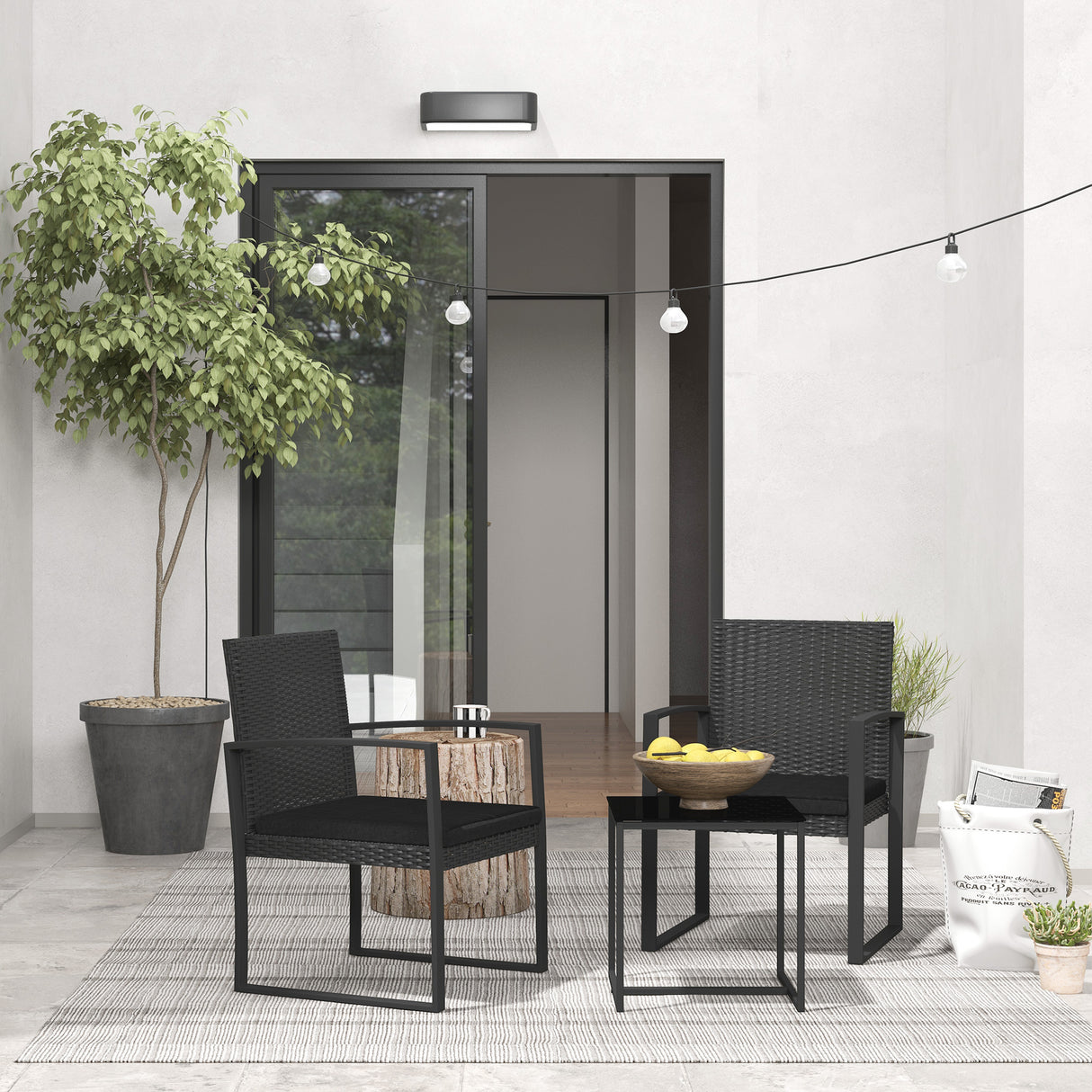 easycomfort easycomfort set da giardino 3 pezzi con 2 sedie con cuscini e tavolino con piano in vetro effetto rattan nero