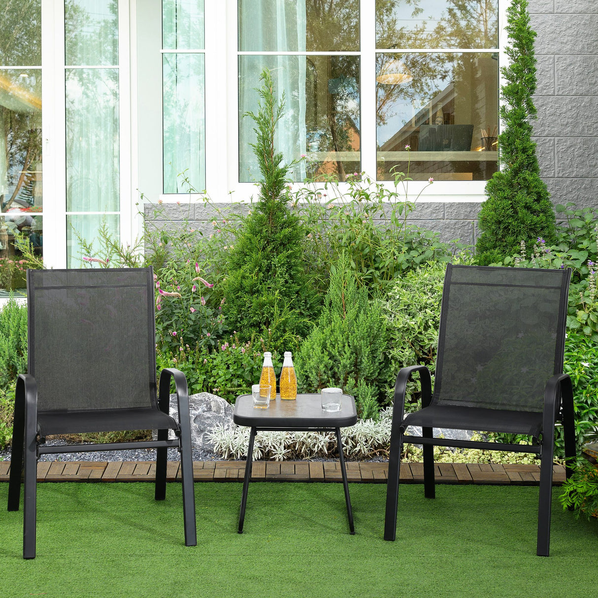 easycomfort easycomfort set da giardino 3 pezzi con tavolino e 2 sedie impilabili in acciaio e tessuto traforato nero