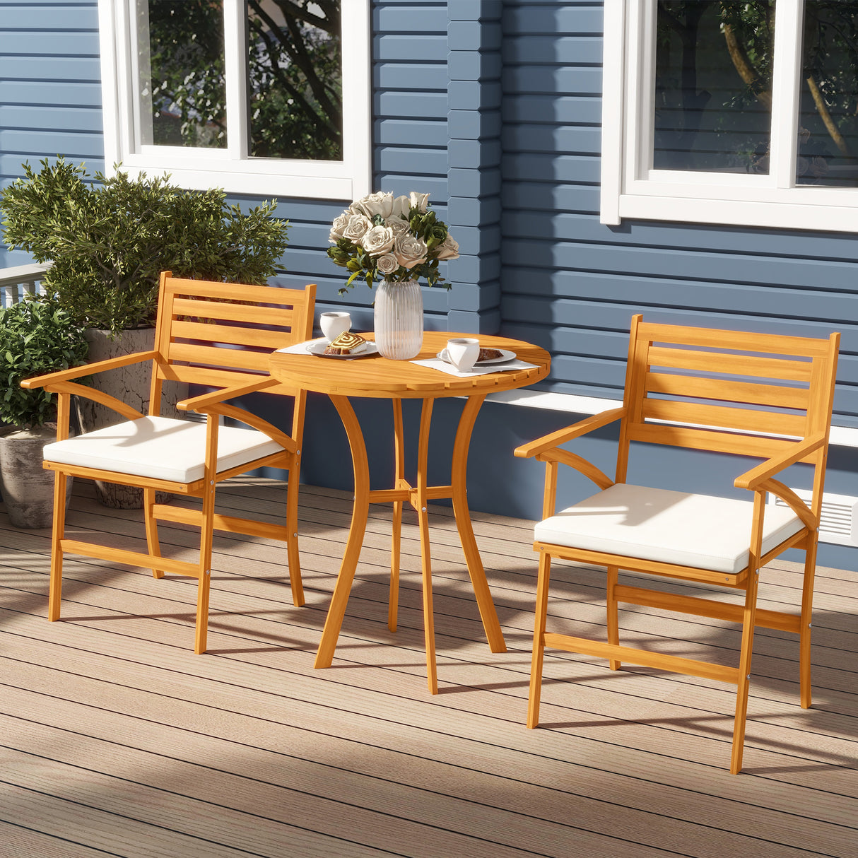 easycomfort easycomfort set da giardino 3 pezzi in legno di pino con tavolo rotondo 68x78 cm e 2 sedie 55x52x87 5 cm con cuscini