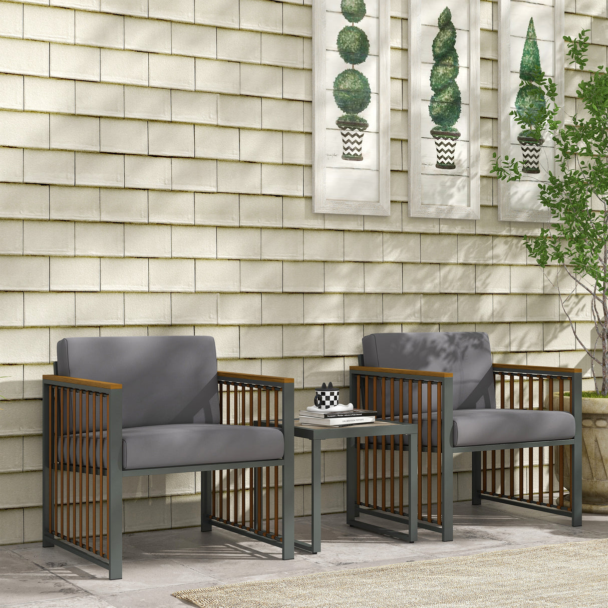 easycomfort easycomfort set da giardino 3 pezzi in rattan e acciaio con 2 sedie 66x68x68 cm e tavolino da caffe 45x45x44 cm