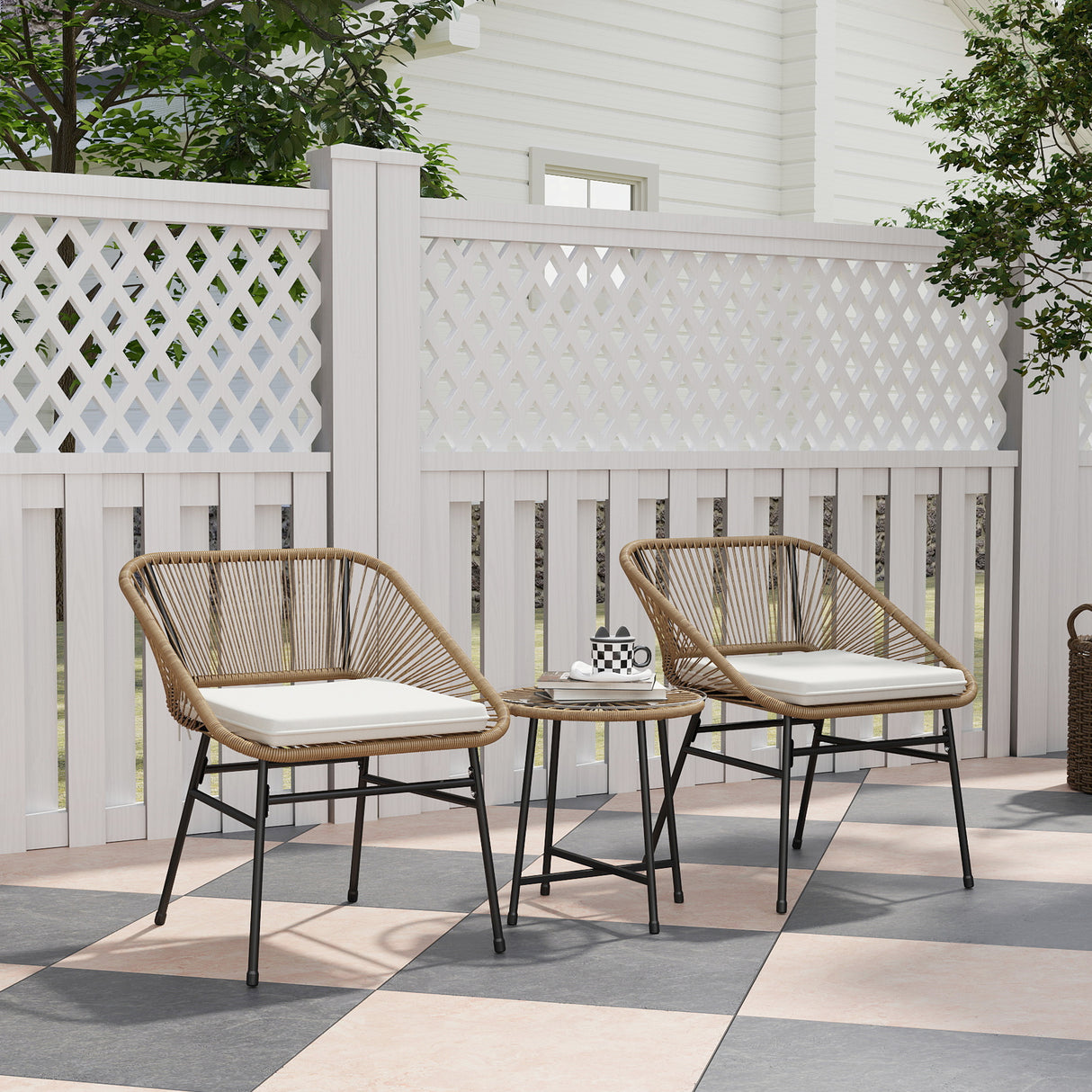 easycomfort easycomfort set da giardino 3 pezzi in rattan pe e acciaio con 2 sedie con cuscini e tavolino rotondo multicolore
