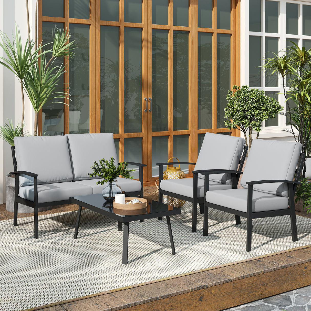 easycomfort easycomfort set da giardino 4 pezzi con 2 poltroncine divano 2 posti e tavolino in alluminio e fibra grigio carbone