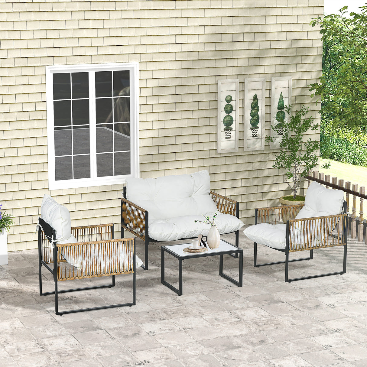 easycomfort easycomfort set da giardino 4 pezzi in rattan con divanetto 2 sedie e tavolino da caffe nero marrone e crema