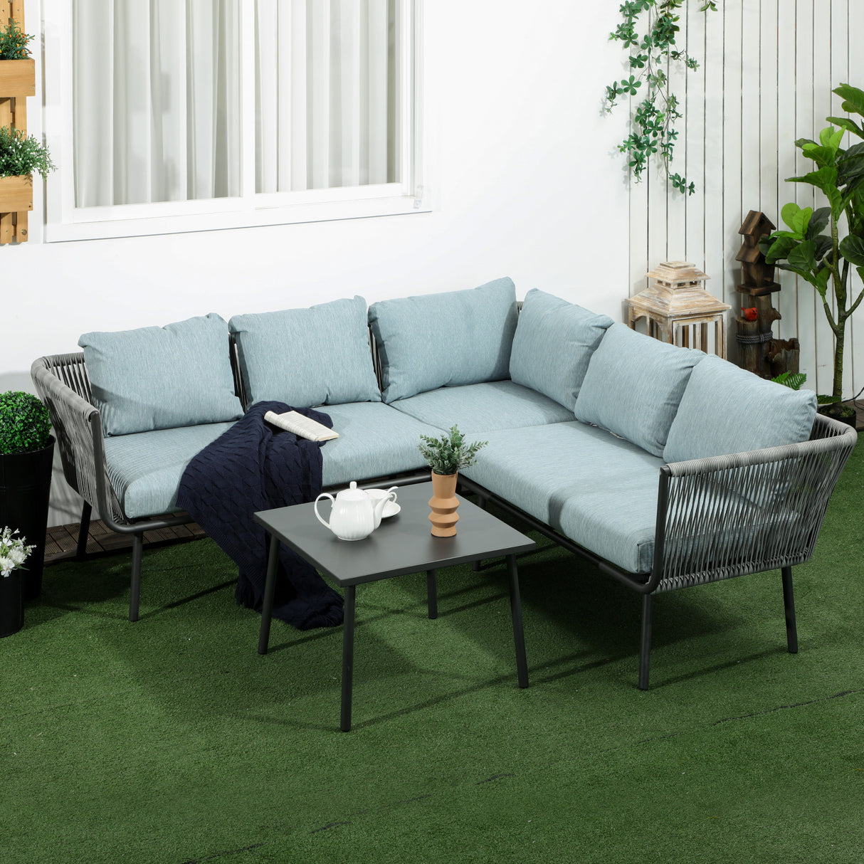 easycomfort easycomfort set da giardino 4 pezzi in rattan con tavolino da caffe 2 divani ad angolo e poltroncina nero grigio e blu