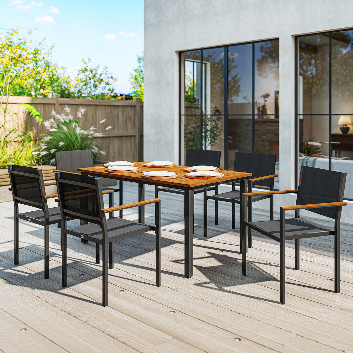 easycomfort easycomfort set da giardino 7 pezzi con tavolo da pranzo e 6 sedie impilabili con braccioli teak