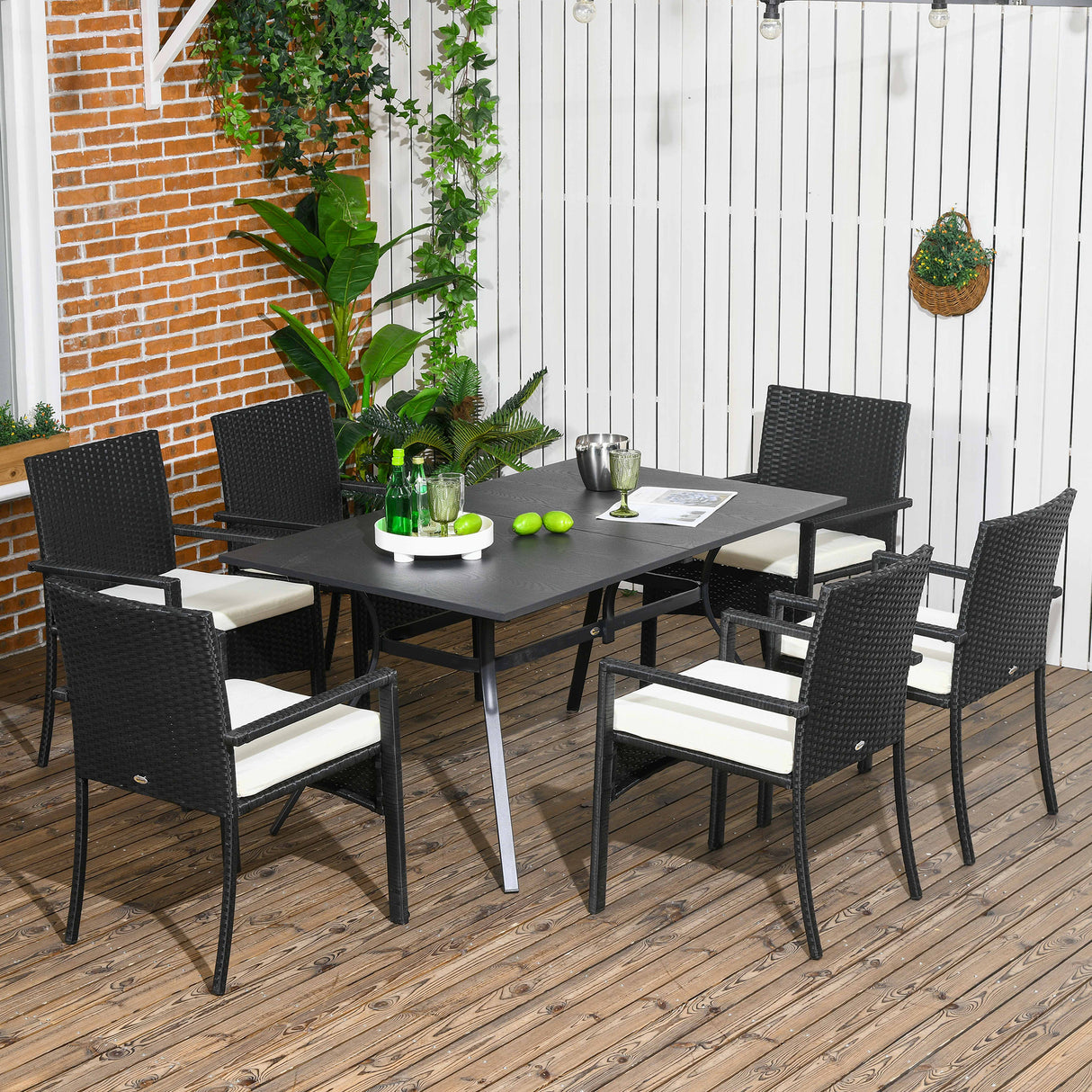 easycomfort easycomfort set da giardino 7 pezzi in rattan pe con tavolo da pranzo 150x90x72 cm e 6 sedie 58x62x87 cm con cuscini