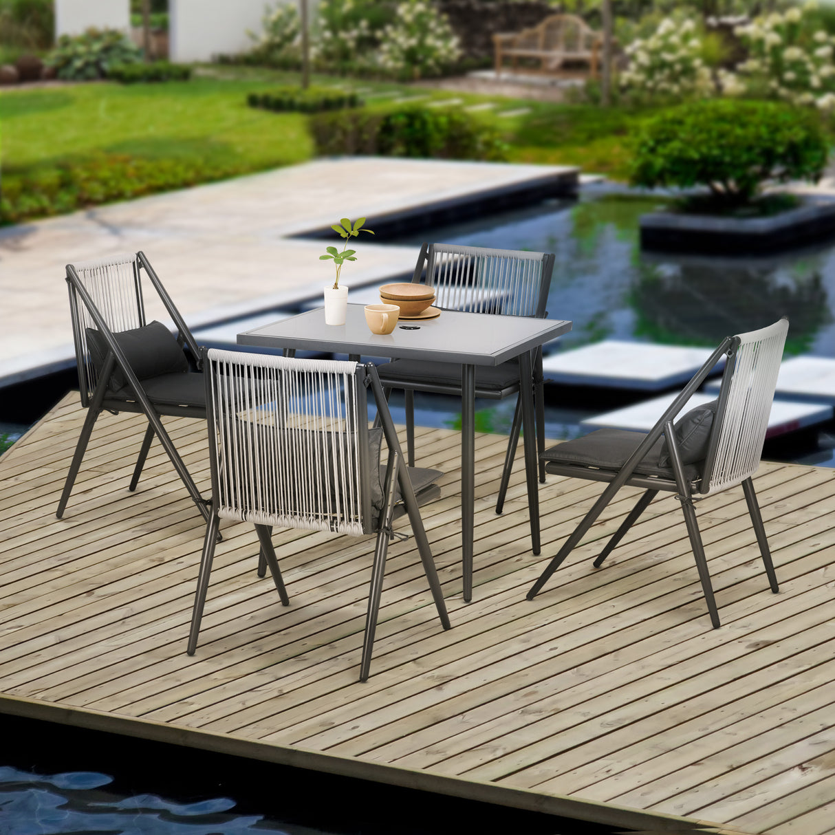 easycomfort easycomfort set da giardino con 4 sedie con cuscini e tavolo da pranzo quadrato in vetro grigio scuro