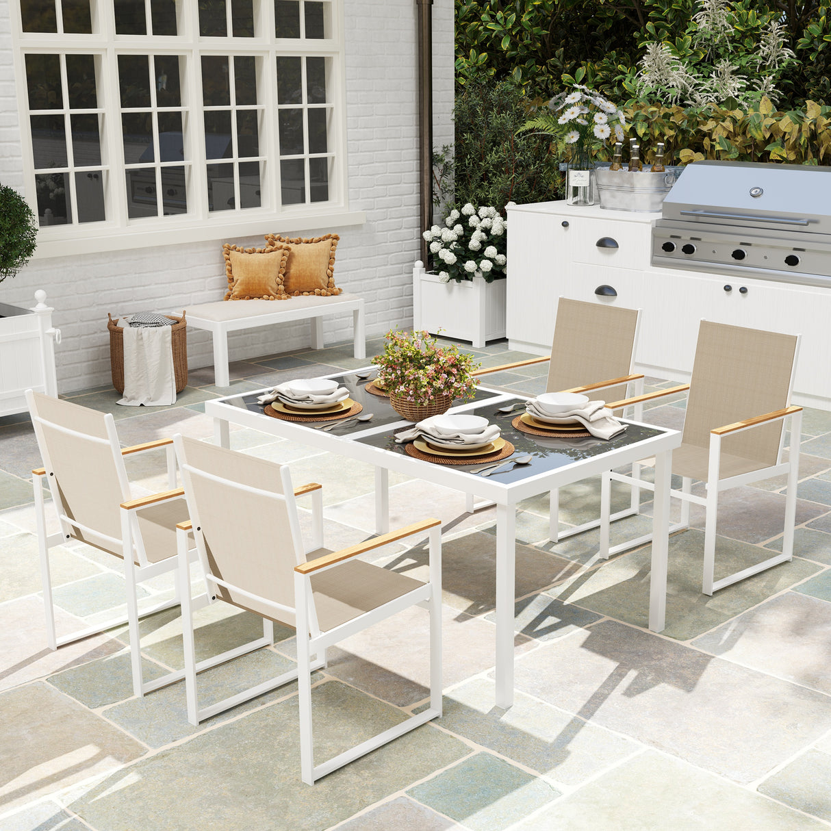 easycomfort easycomfort set da giardino con tavolo da pranzo in vetro rettangolare e 4 sedie con braccioli multicolore