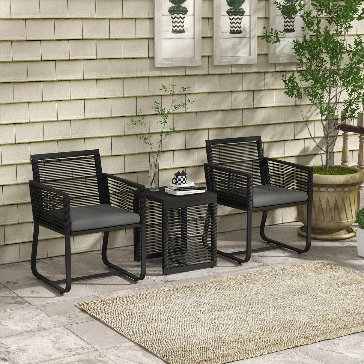 easycomfort easycomfort set da giardino in rattan con 2 poltroncine con cuscini e tavolino da caffe in vetro nero