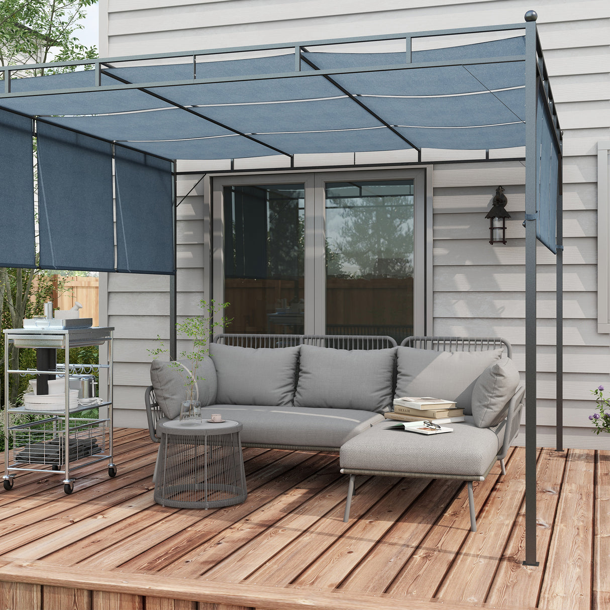 easycomfort easycomfort set da giardino in rattan pe stile boho divano 2 posti con chaise longue e tavolino grigio chiaro