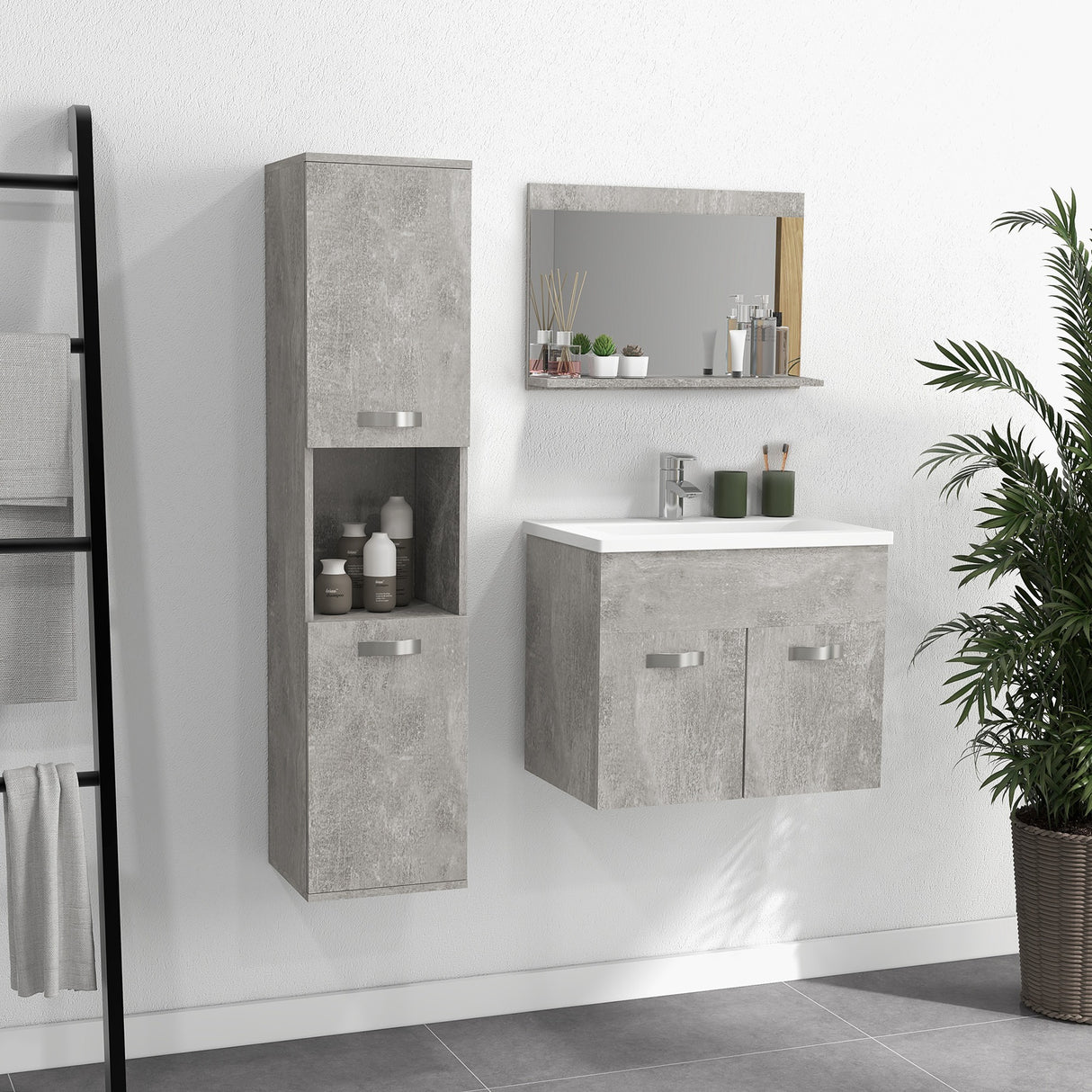 easycomfort easycomfort set mobili bagno da 4 pezzi con lavabo da 60cm mobiletto colonna bagno e specchiera in legno grigio