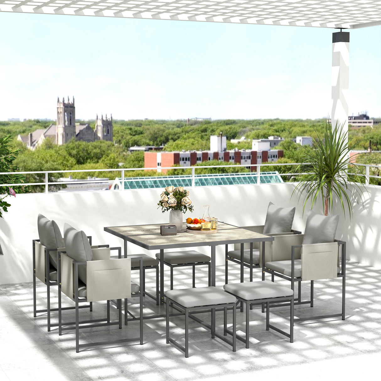 easycomfort easycomfort set mobili da giardino con tavolo da pranzo 4 sedie da esterno e 4 sgabelli poggiapiedi grigio