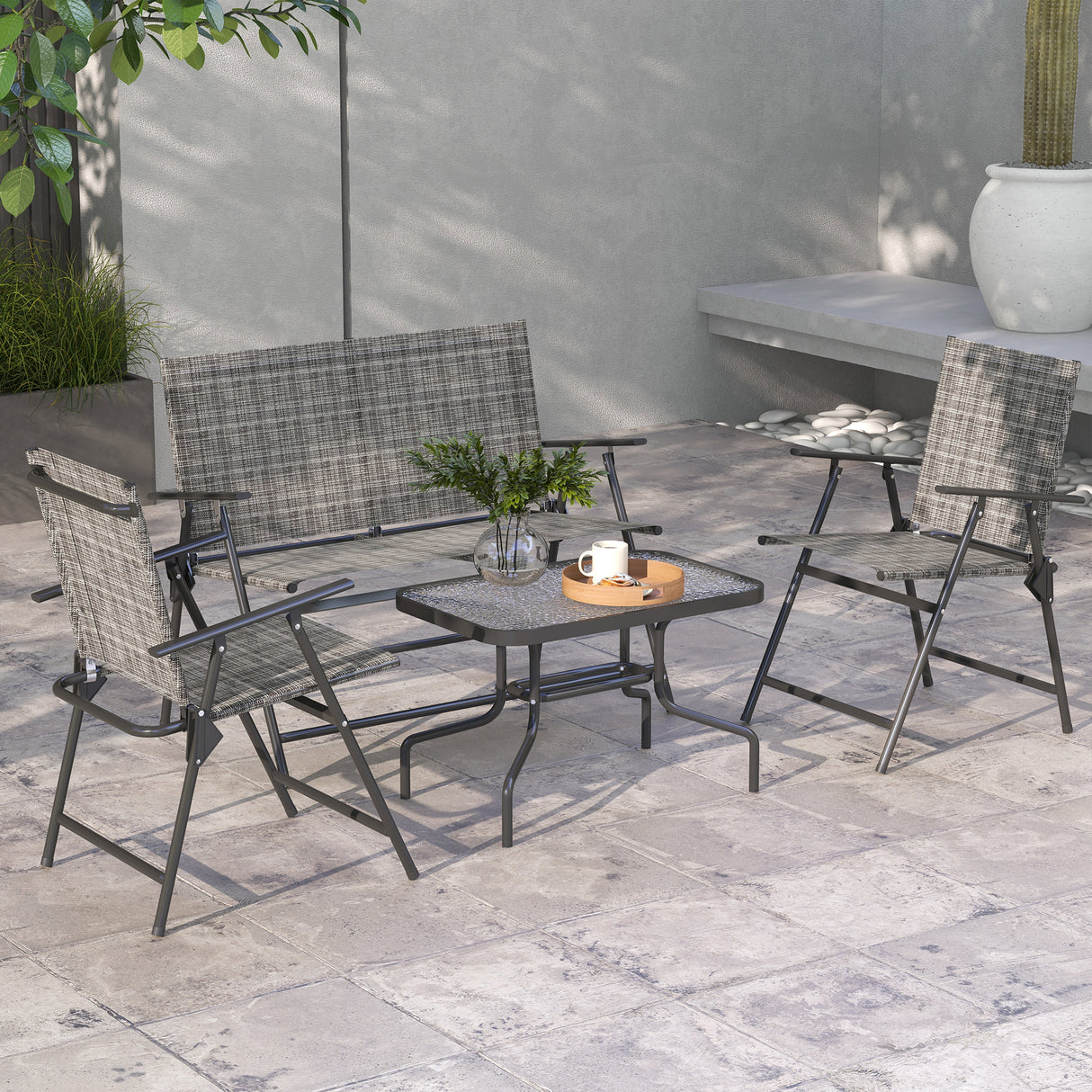easycomfort easycomfort set salotto da giardino con tavolino in vetro 2 poltrone e divanetto pieghevoli grigio