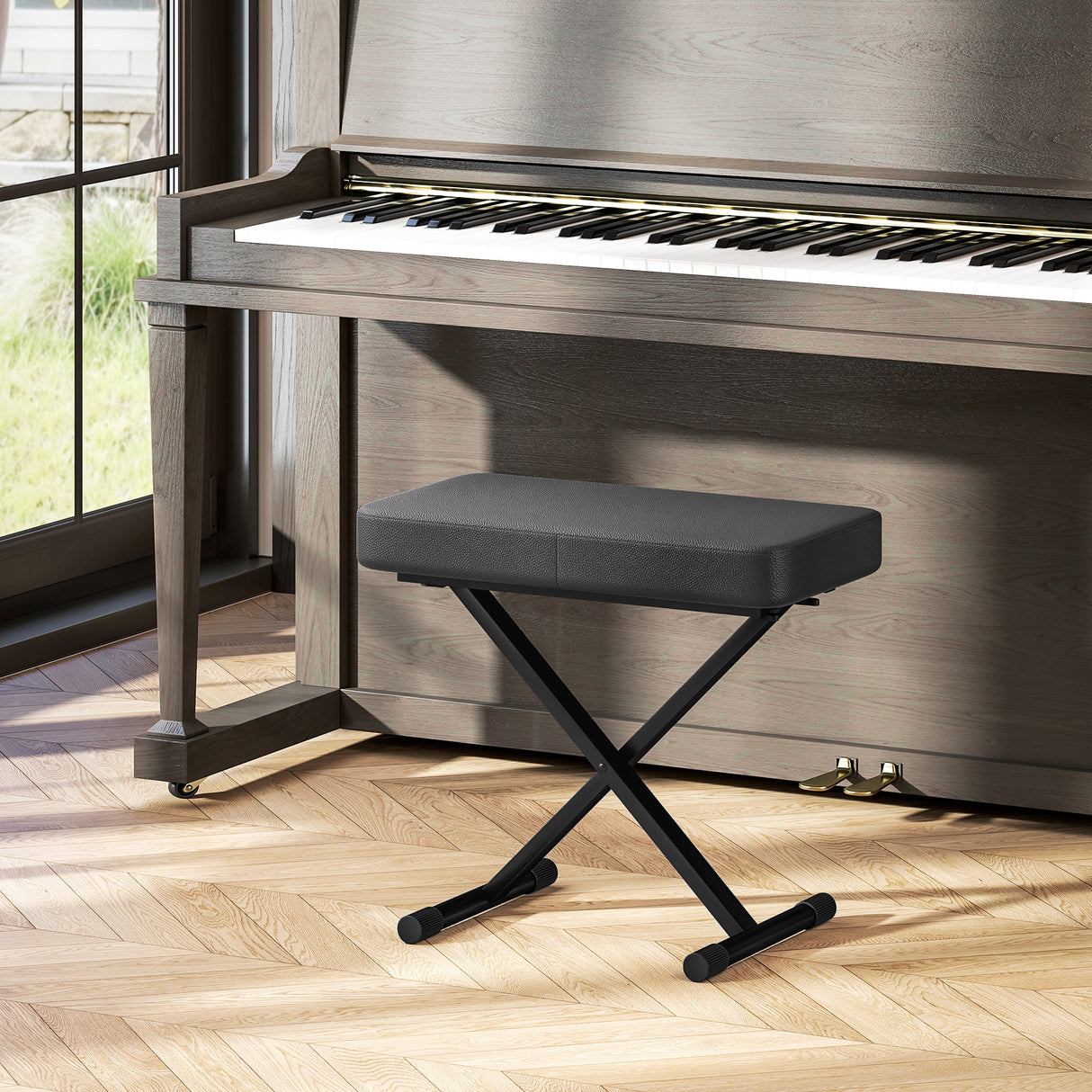 easycomfort easycomfort sgabello per pianoforte pieghevole e regolabile su 4 altezze in pelle pu schiuma e metallo 60x32x53 63 cm nero