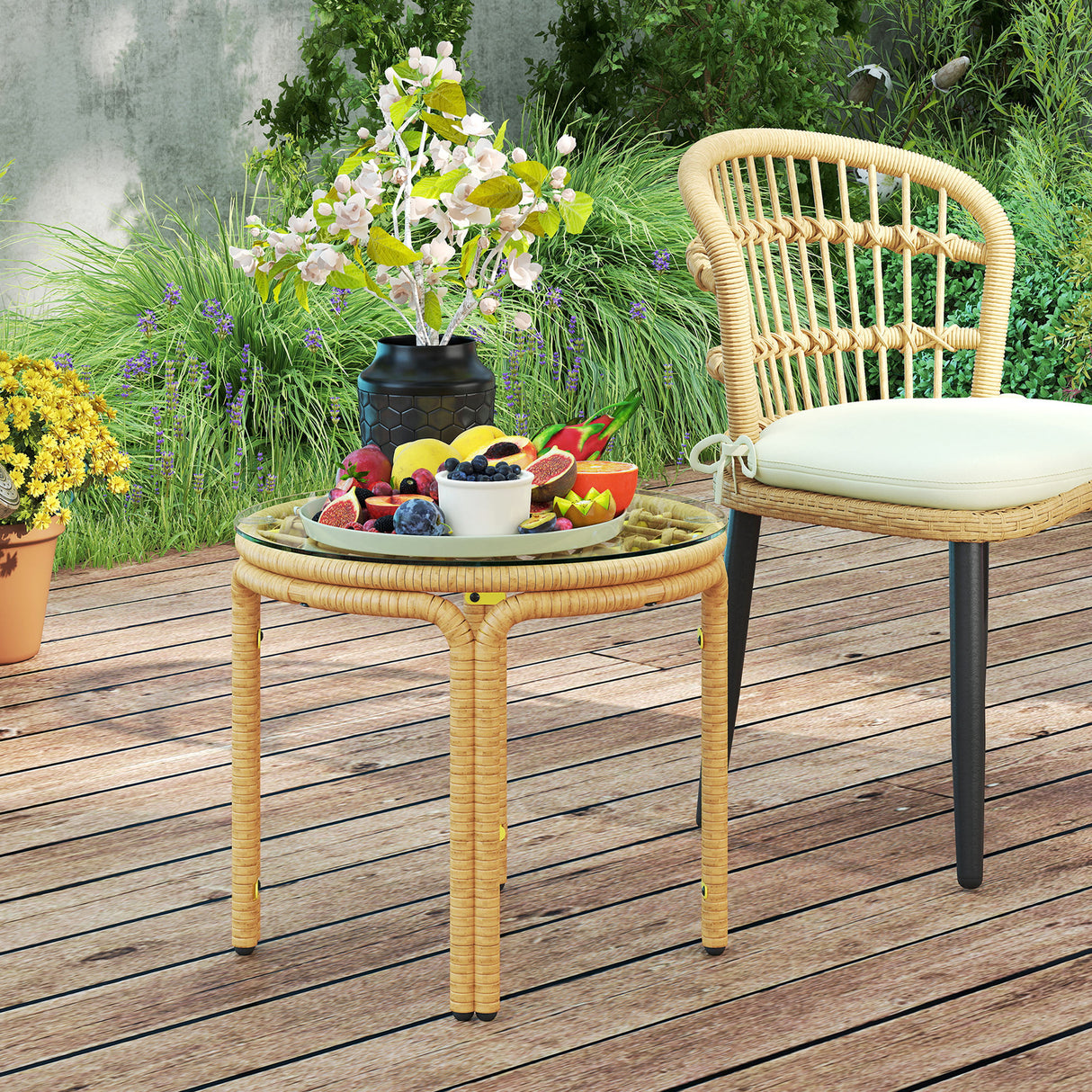 easycomfort easycomfort tavolino da giardino in rattan e vetro rotondo in stile boho chic 50x44 cm giallo
