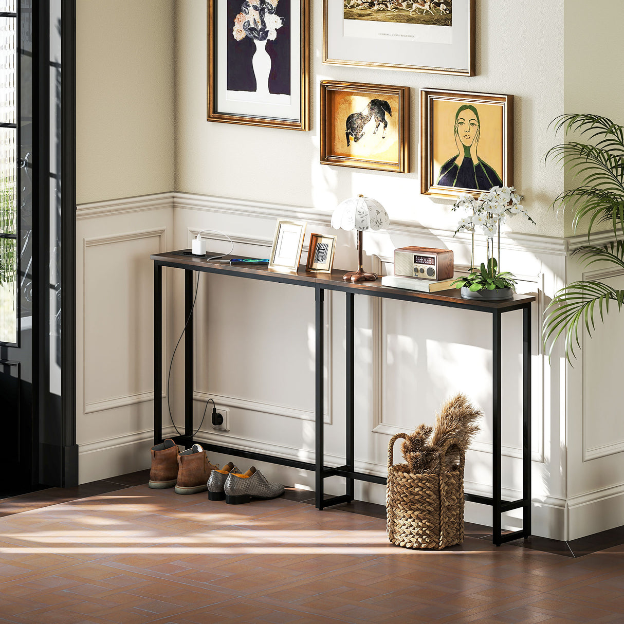 easycomfort easycomfort tavolo consolle in stile industriale con stazione di ricarica in legno e acciaio 160x20x80 cm marrone