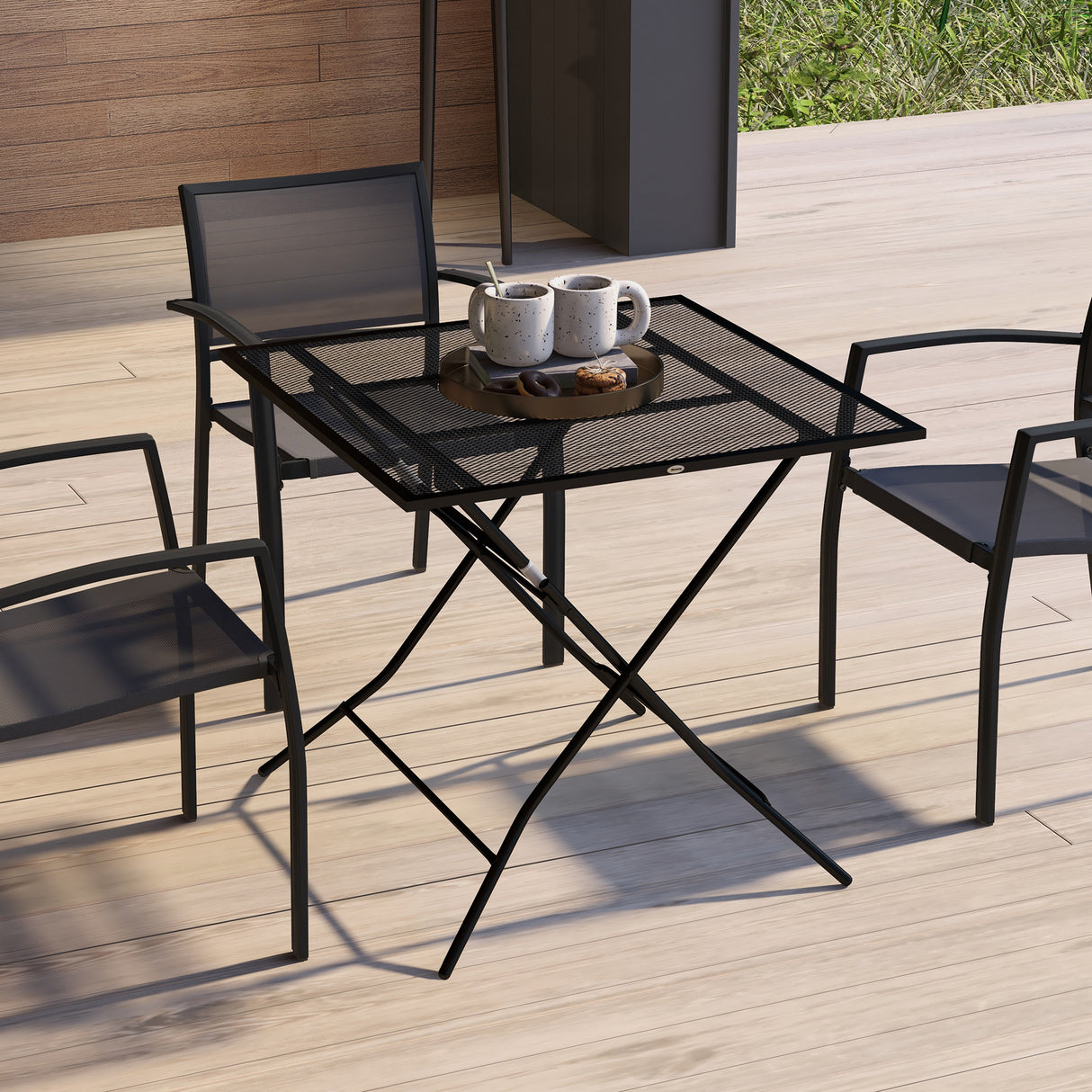 easycomfort easycomfort tavolo da giardino pieghevole quadrato con piano a rete in acciaio 80x80x74cm nero