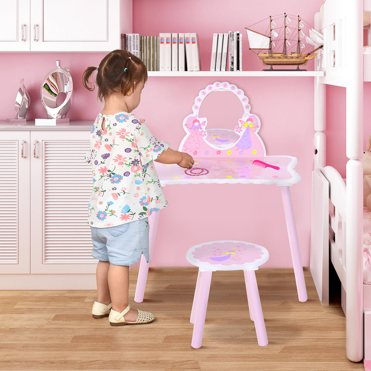 easycomfort easycomfort toeletta per bambini con sgabello in legno tavolo trucco con specchio moderno e cassetto 59l x 39p x 77a cm rosa