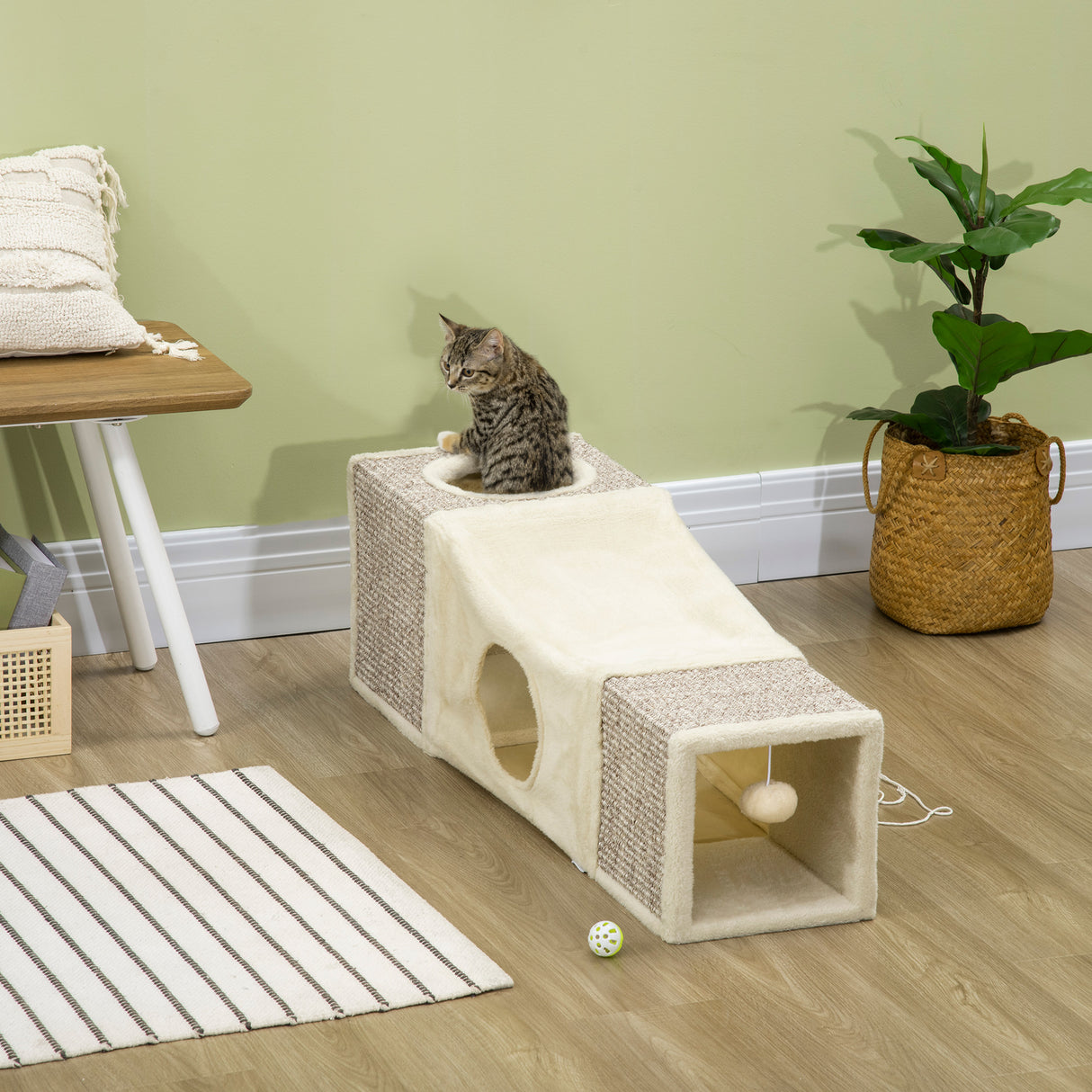 easycomfort easycomfort tunnel per gatti pieghevole con casette tiragraffi e pallina in peluche e sisal crema
