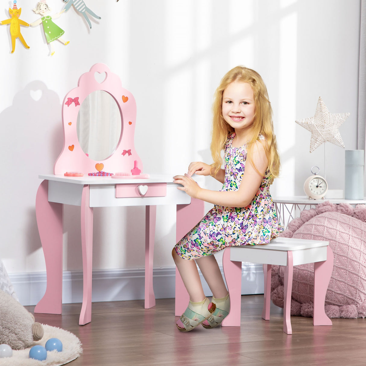 easycomfort easycomfortzonekiz set tavolo trucco con sgabello specchio e cassetto in mdf per bimbi 3 6 anni bianco e rosa