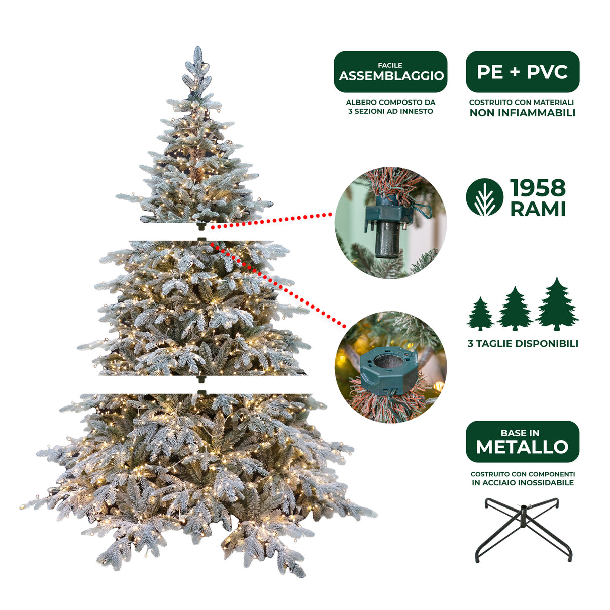 le stelle albero di natale pino verde innevato h 180cm x l 130cm super folto effetto real touch con 2000 luci led incorporate e base croce in ferro pieghevole
