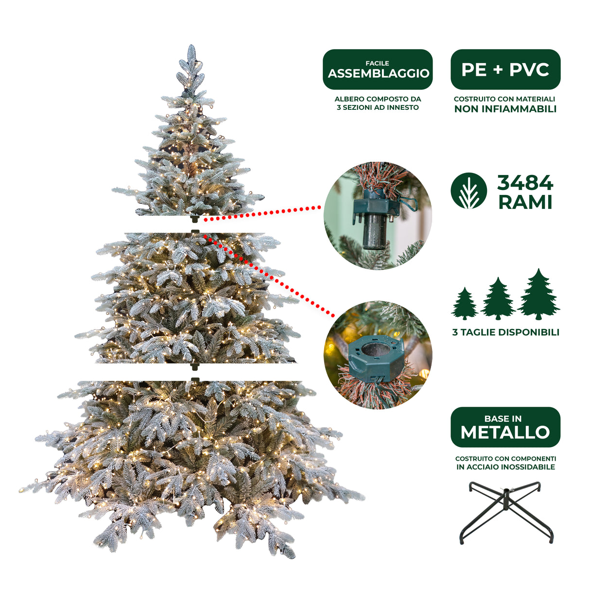 le stelle albero di natale pino verde innevato h 210cm x l 150cm super folto effetto real touch con 2500 luci led incorporate e base croce in ferro pieghevole